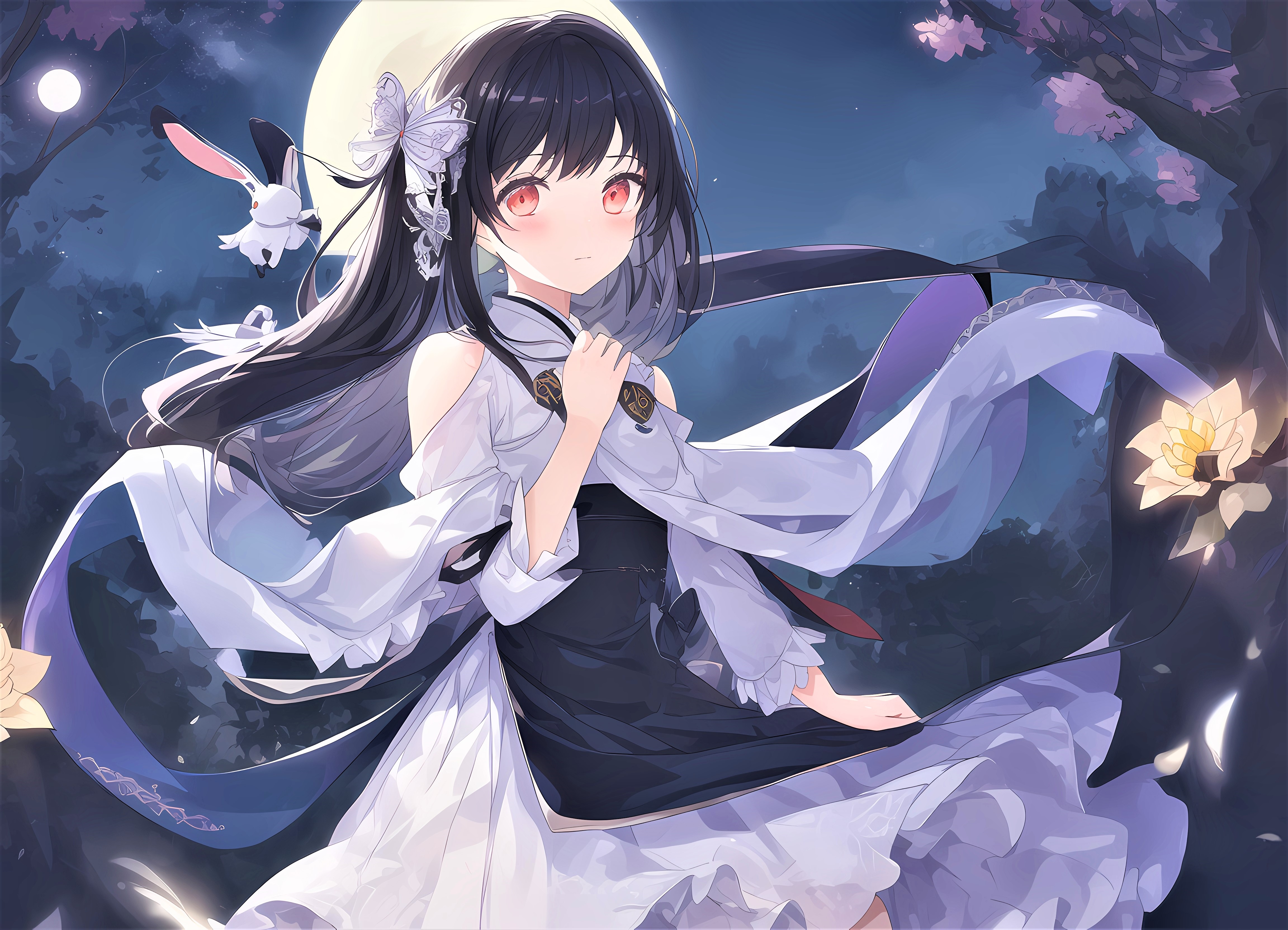 Anime girl with rabbit under the moon HD Wallpaper