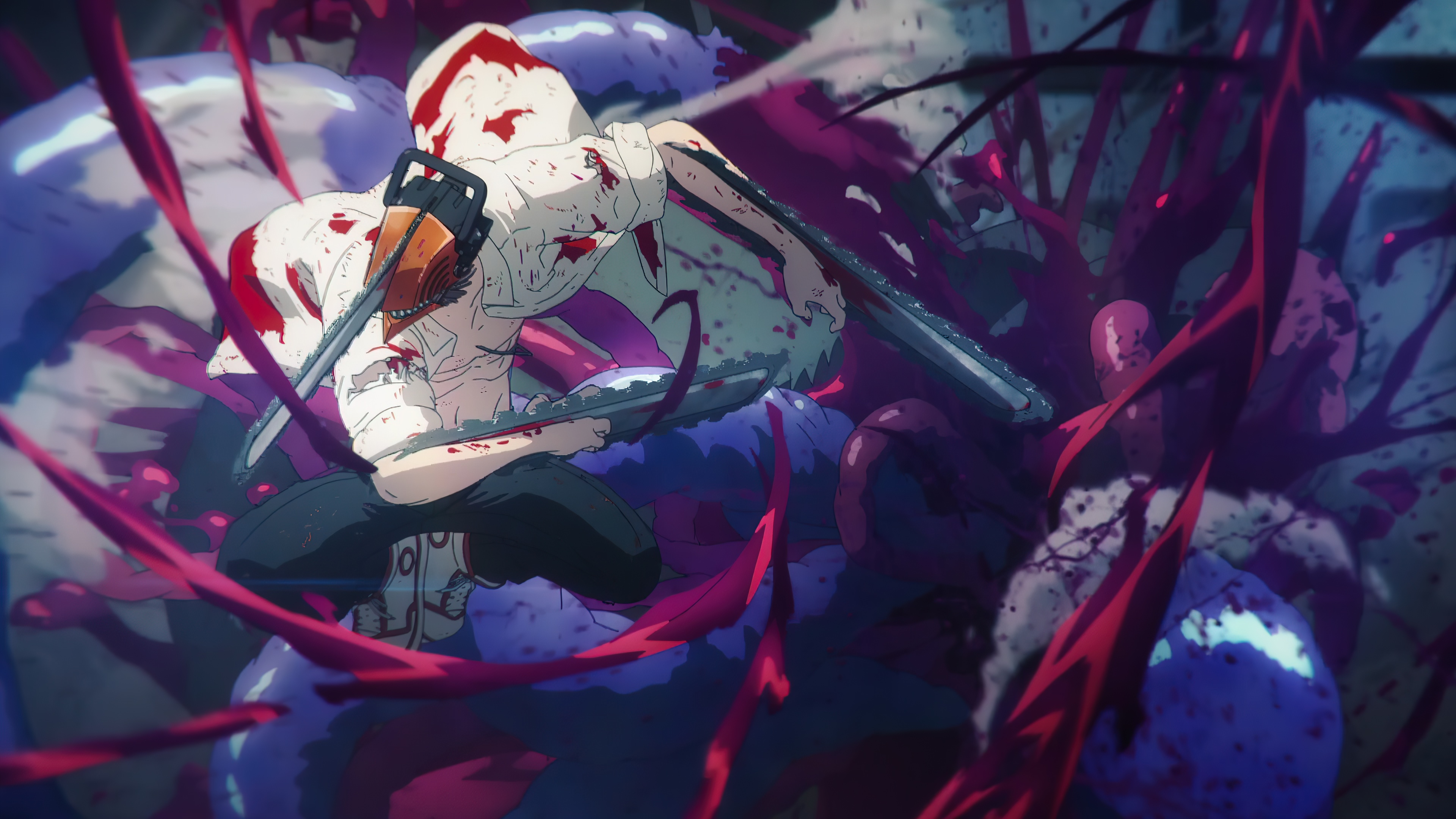 Chainsaw Man Anime Screenshot with Chainsaws and Blood HD Wallpaper