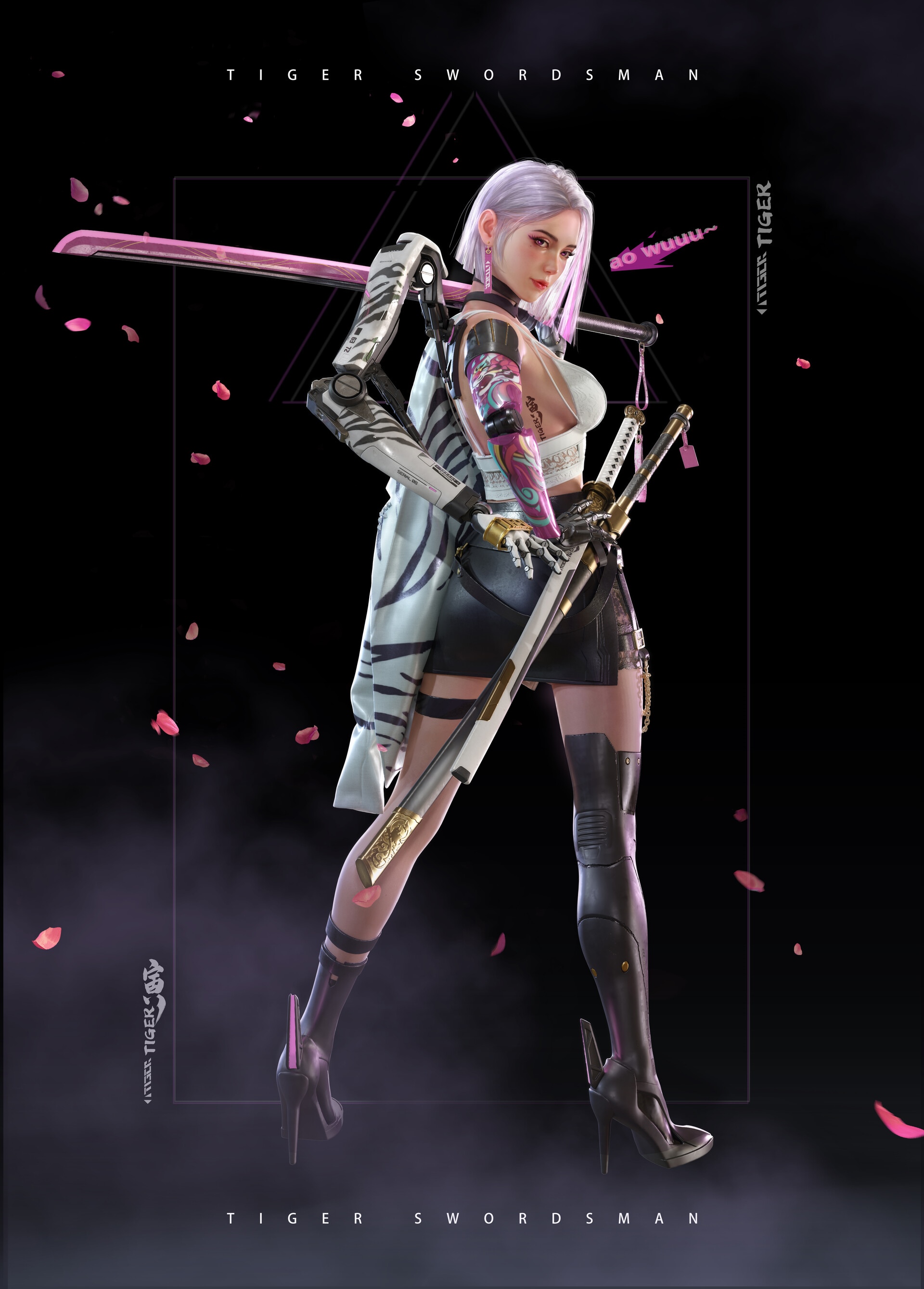 Cyberpunk Tiger Swordsman with Pink Accents HD Phone Wallpaper