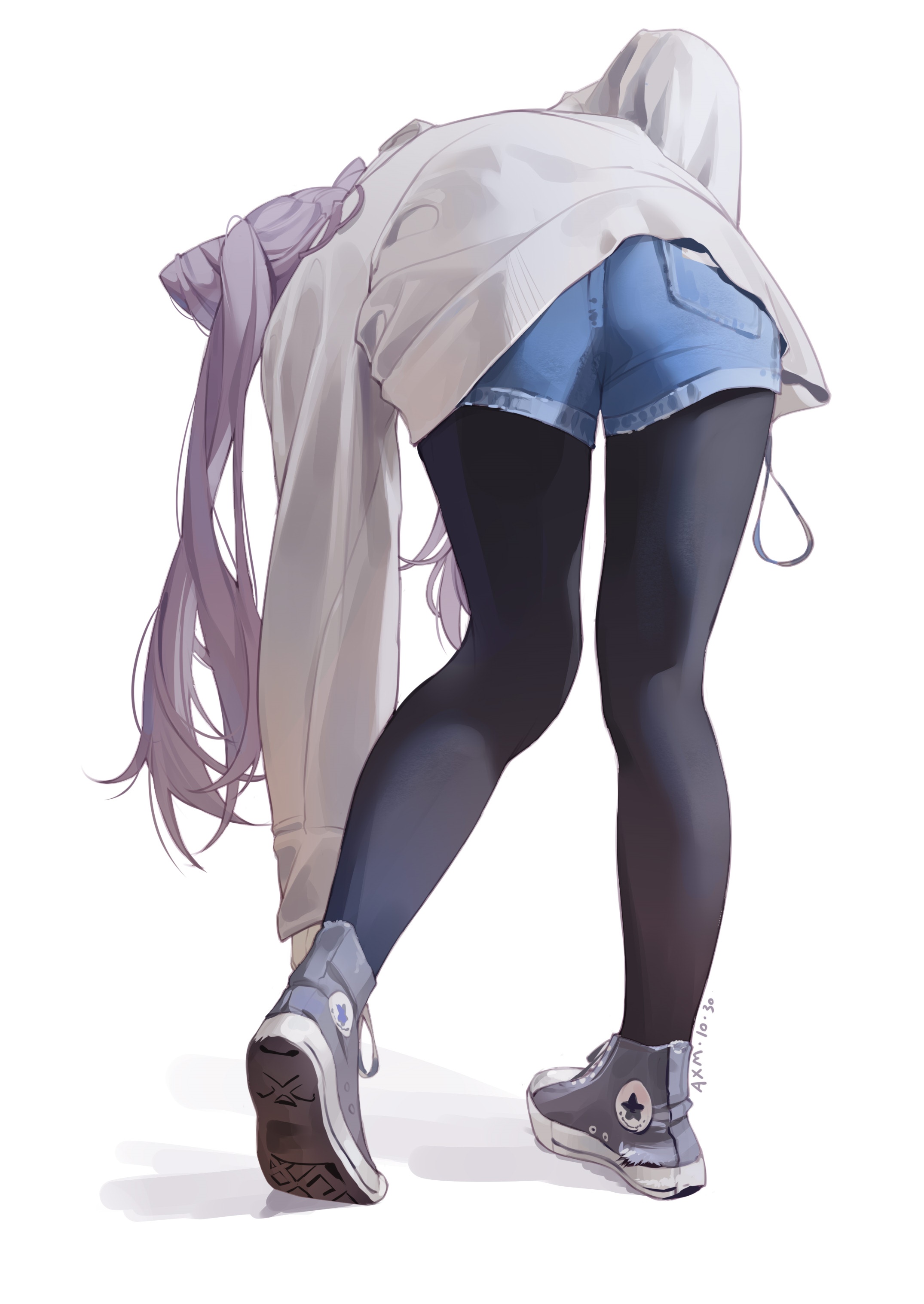 Anime girl in shorts and tights bending over HD Phone Wallpaper