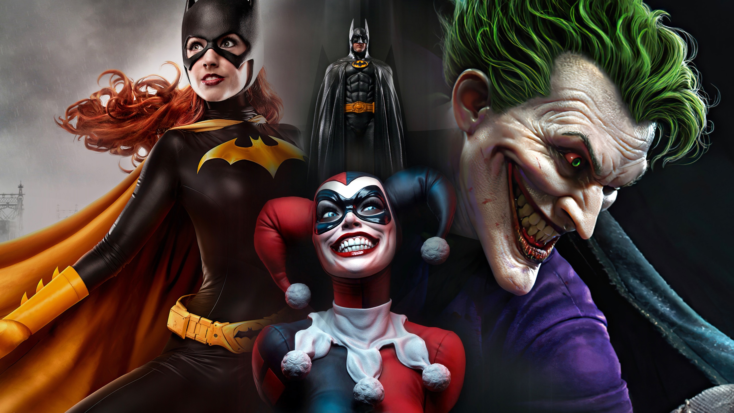 Batman, Batgirl, Joker, and Harley Quinn HD Wallpaper