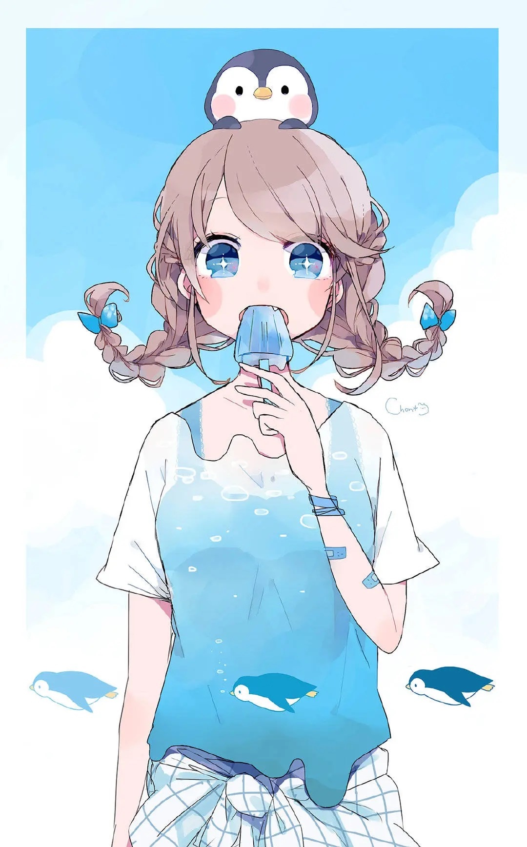 Girl with a penguin on her head eating ice cream HD Phone Wallpaper
