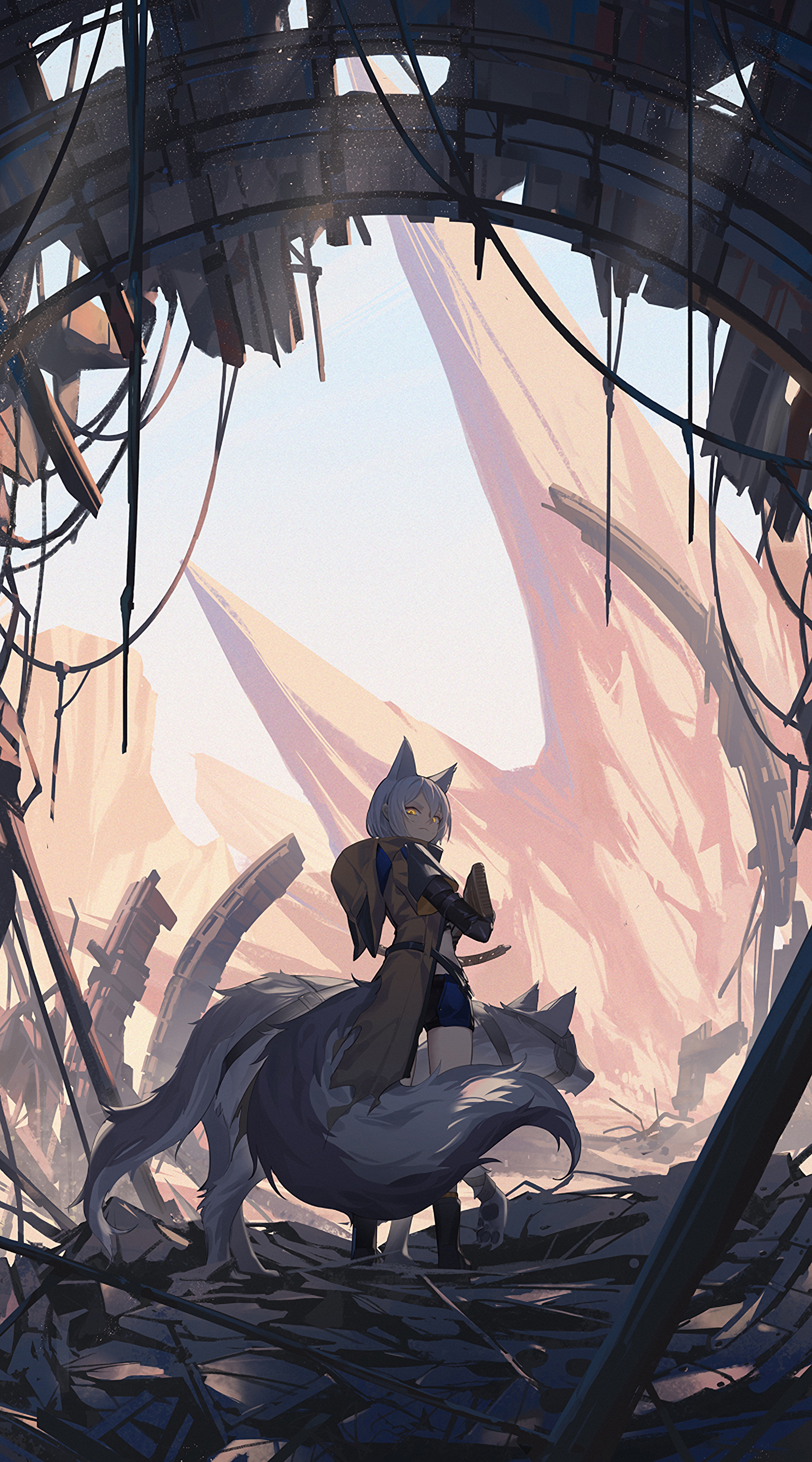 Arknights Provence riding a wolf in a ruined landscape HD Phone Wallpaper