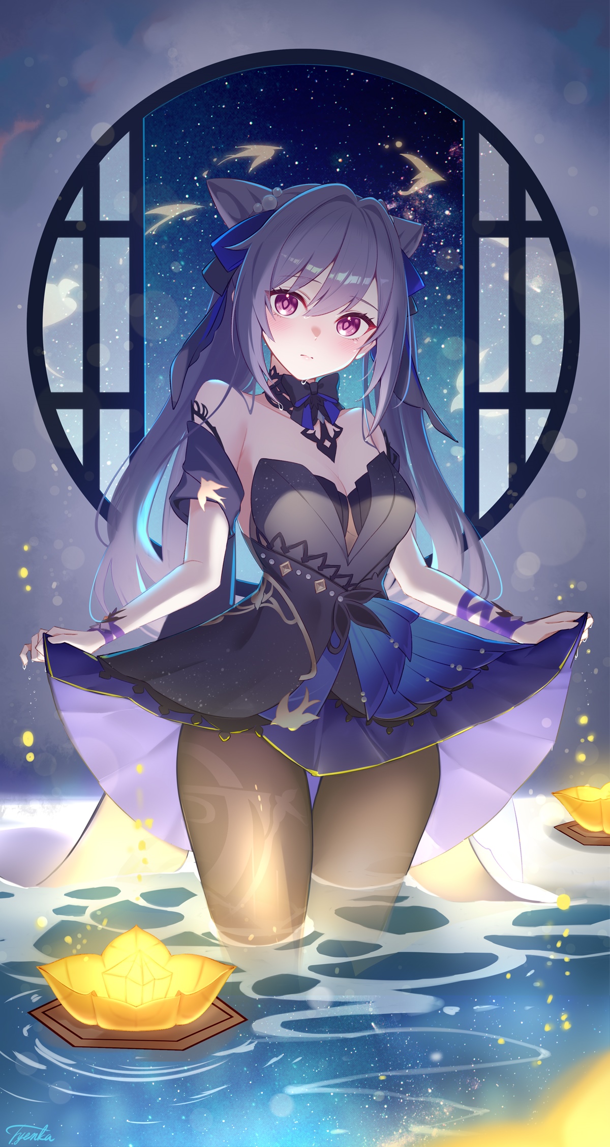 Keqing standing in water with lanterns HD Phone Wallpaper