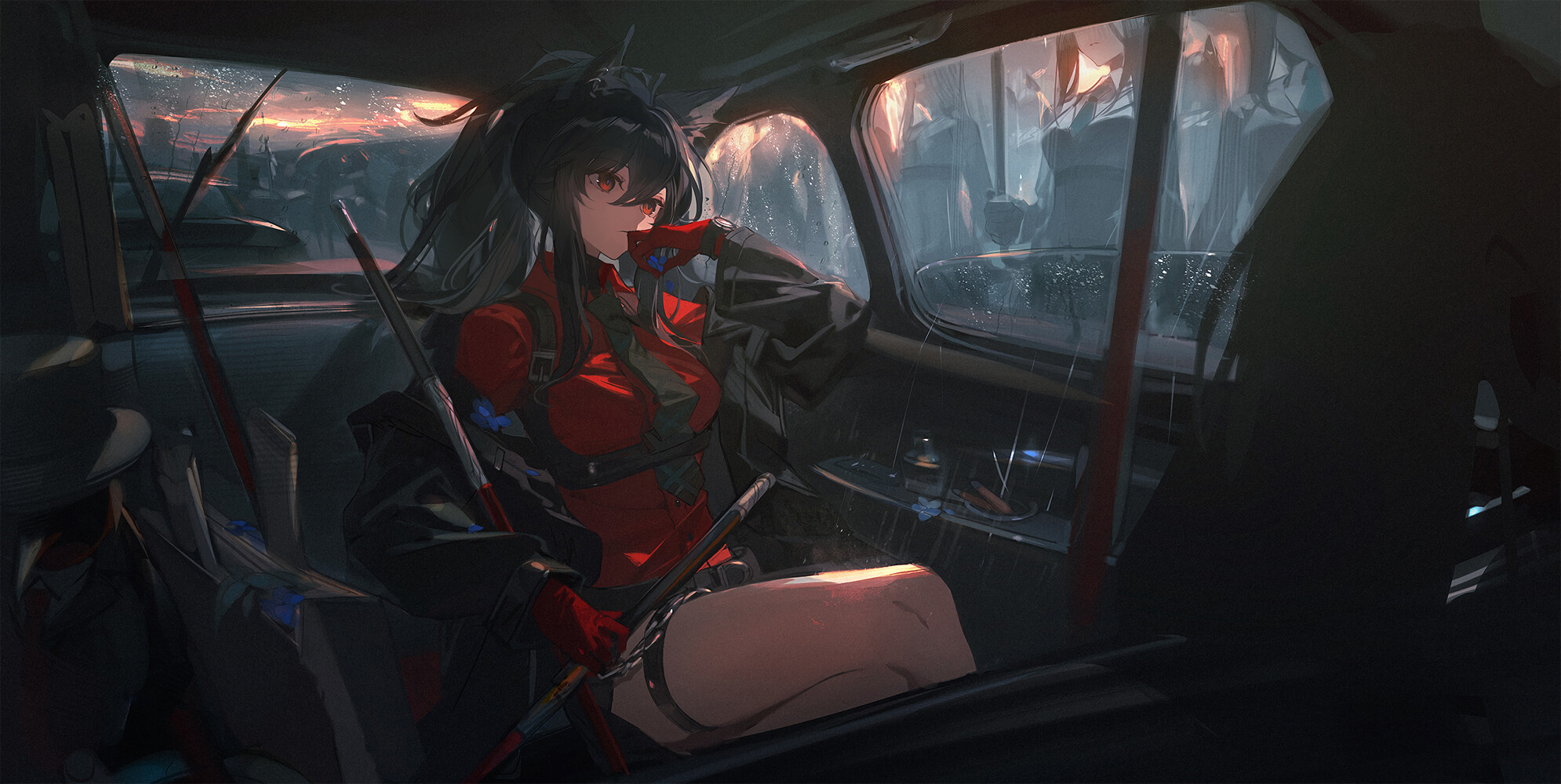 Girl with animal ears in a car during rain HD Wallpaper