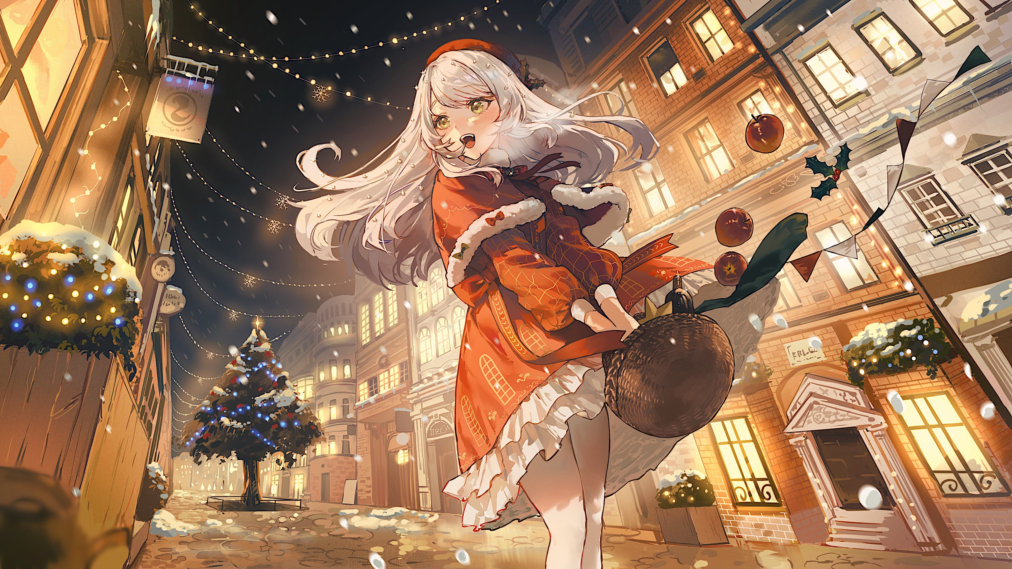 4K Christmas street scene with girl in red clothes HD Wallpaper