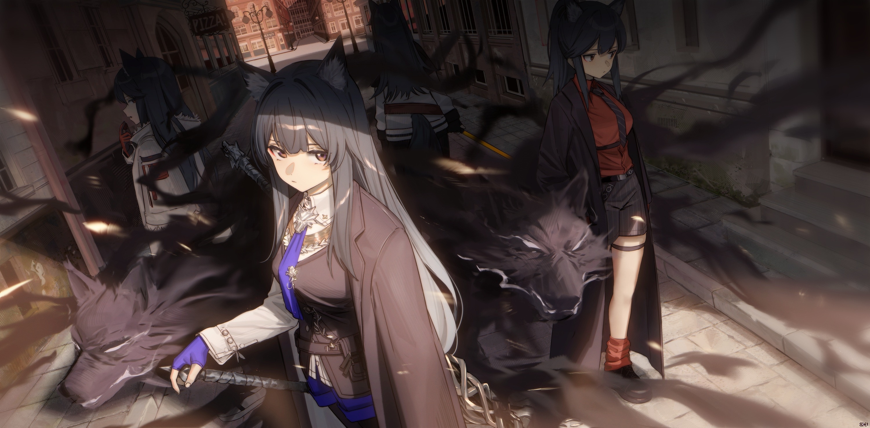 Texas and wolves in Arknights on a street HD Wallpaper