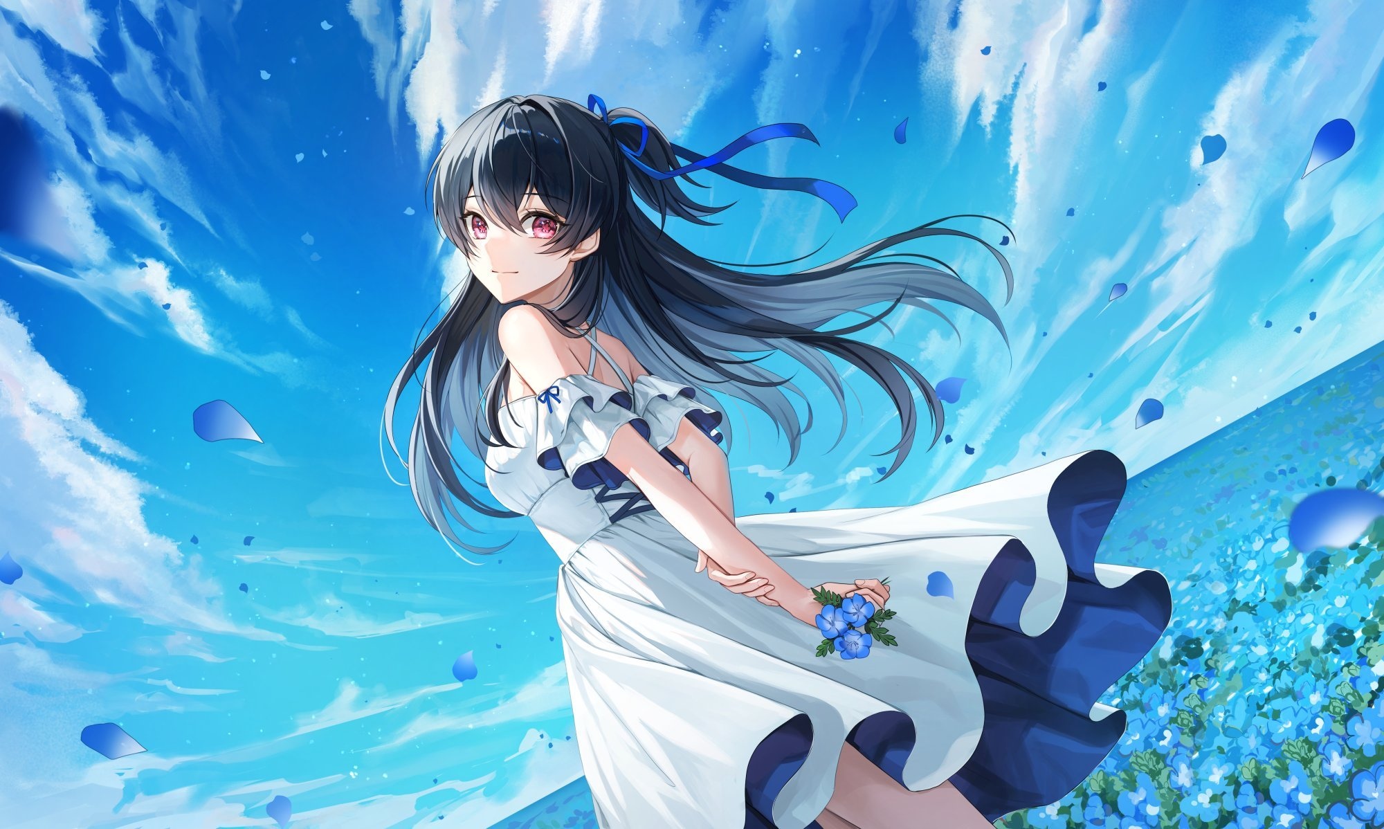 Anime girl in white dress with blue flowers HD Wallpaper