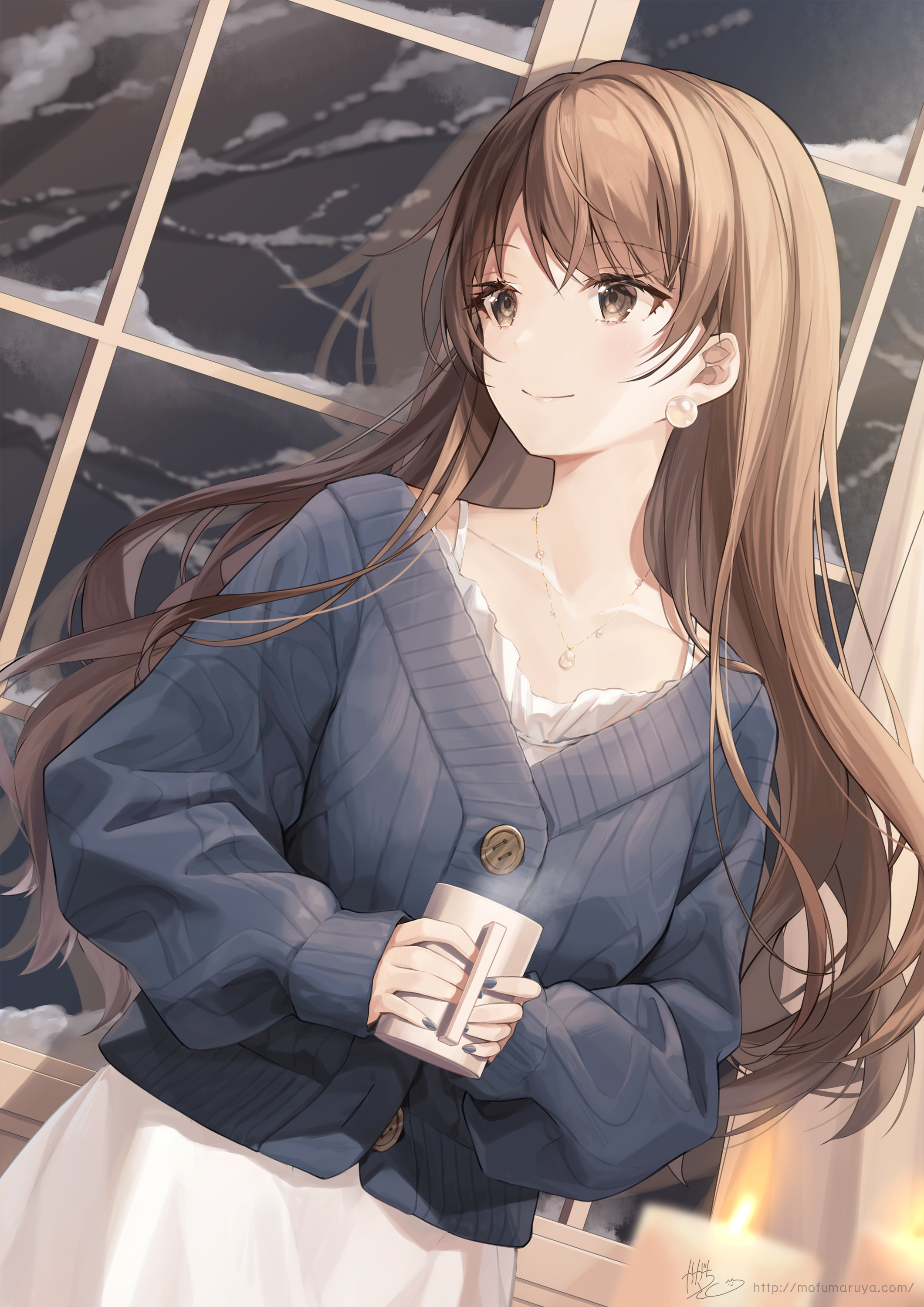 Kagachi Saku holding a mug by the window HD Phone Wallpaper