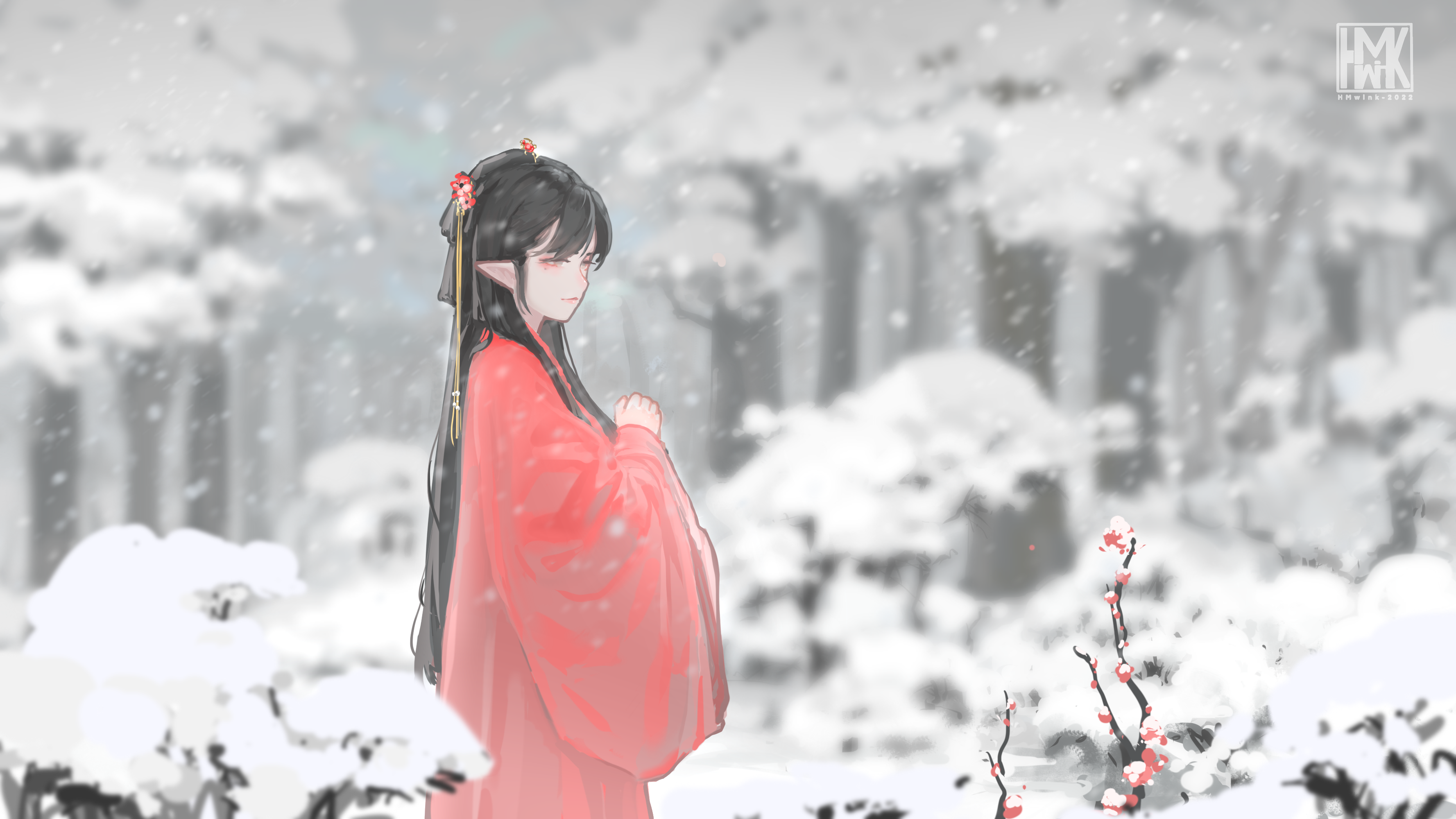 Girl in Chinese clothing in a snowy landscape HD Wallpaper