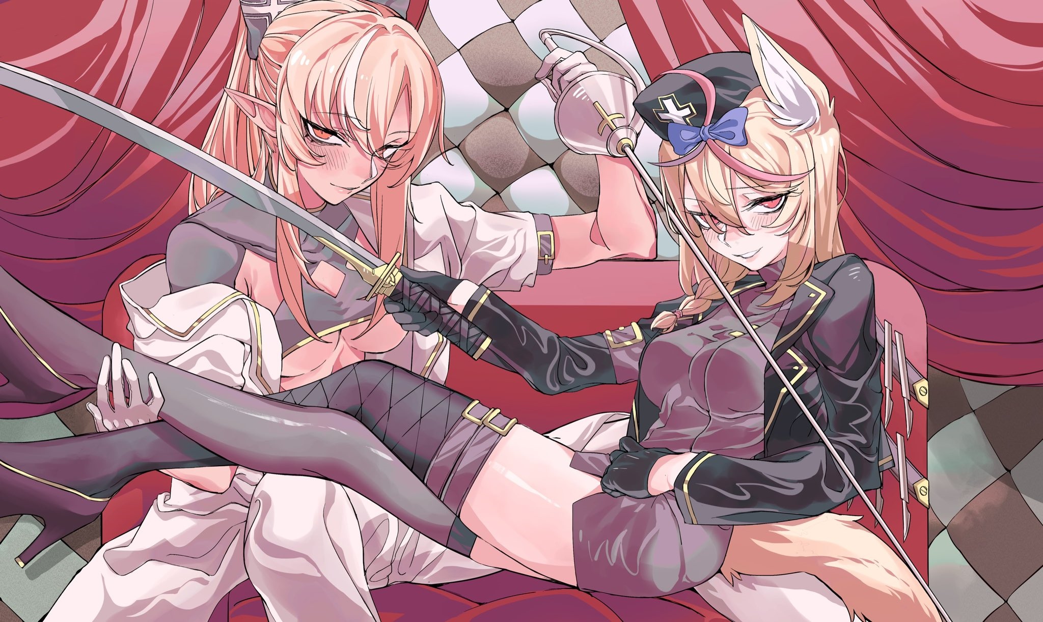 Shiranui Flare and Omaru Polka with swords HD Wallpaper