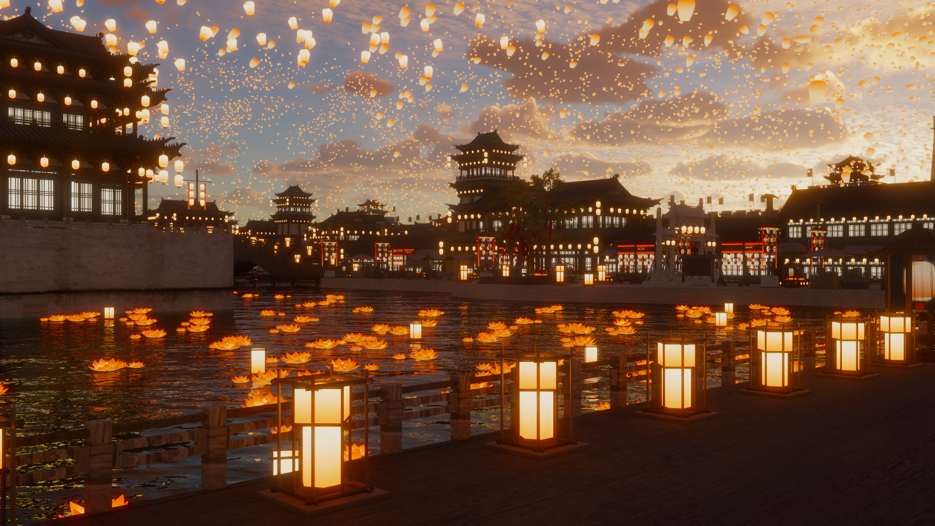 Lantern Festival over a city at dusk HD Wallpaper