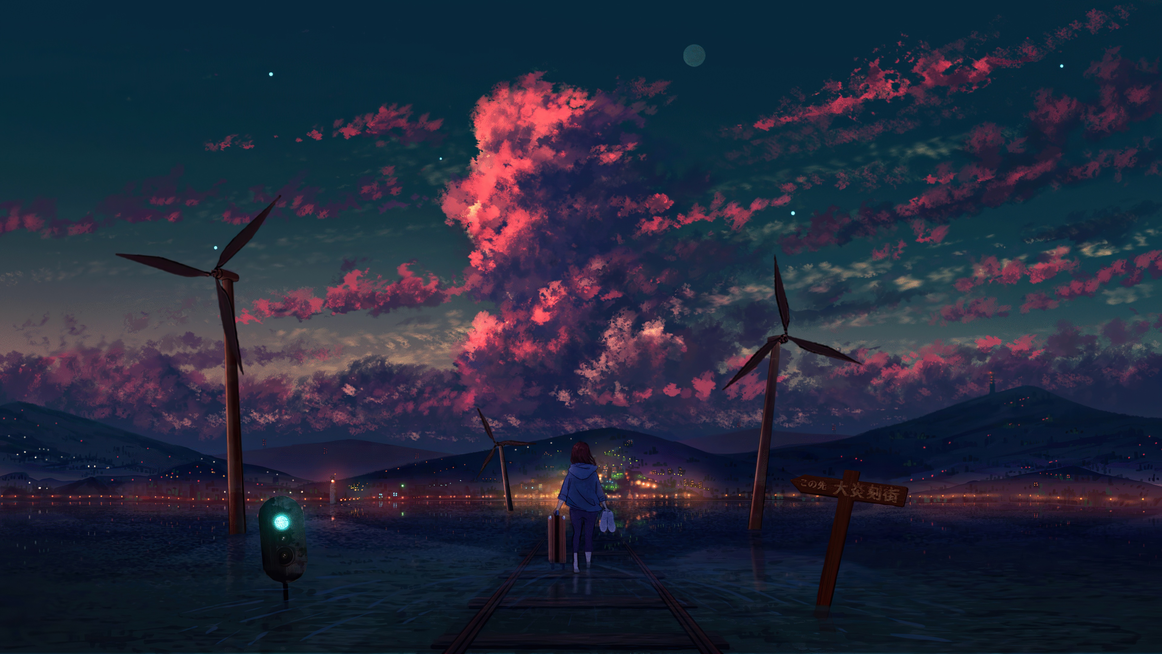 Girl with suitcase on train tracks at sunset HD Wallpaper