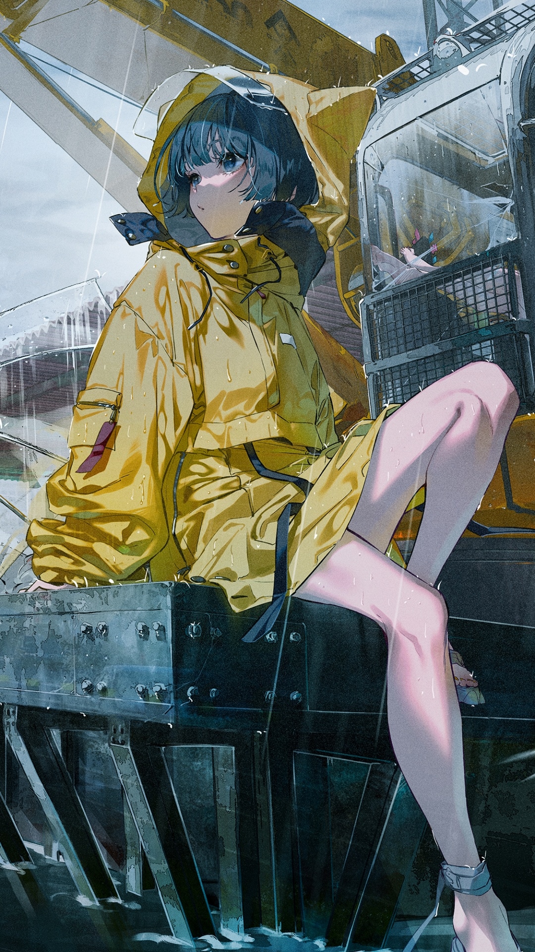 Girl in yellow raincoat sitting in the rain HD Phone Wallpaper