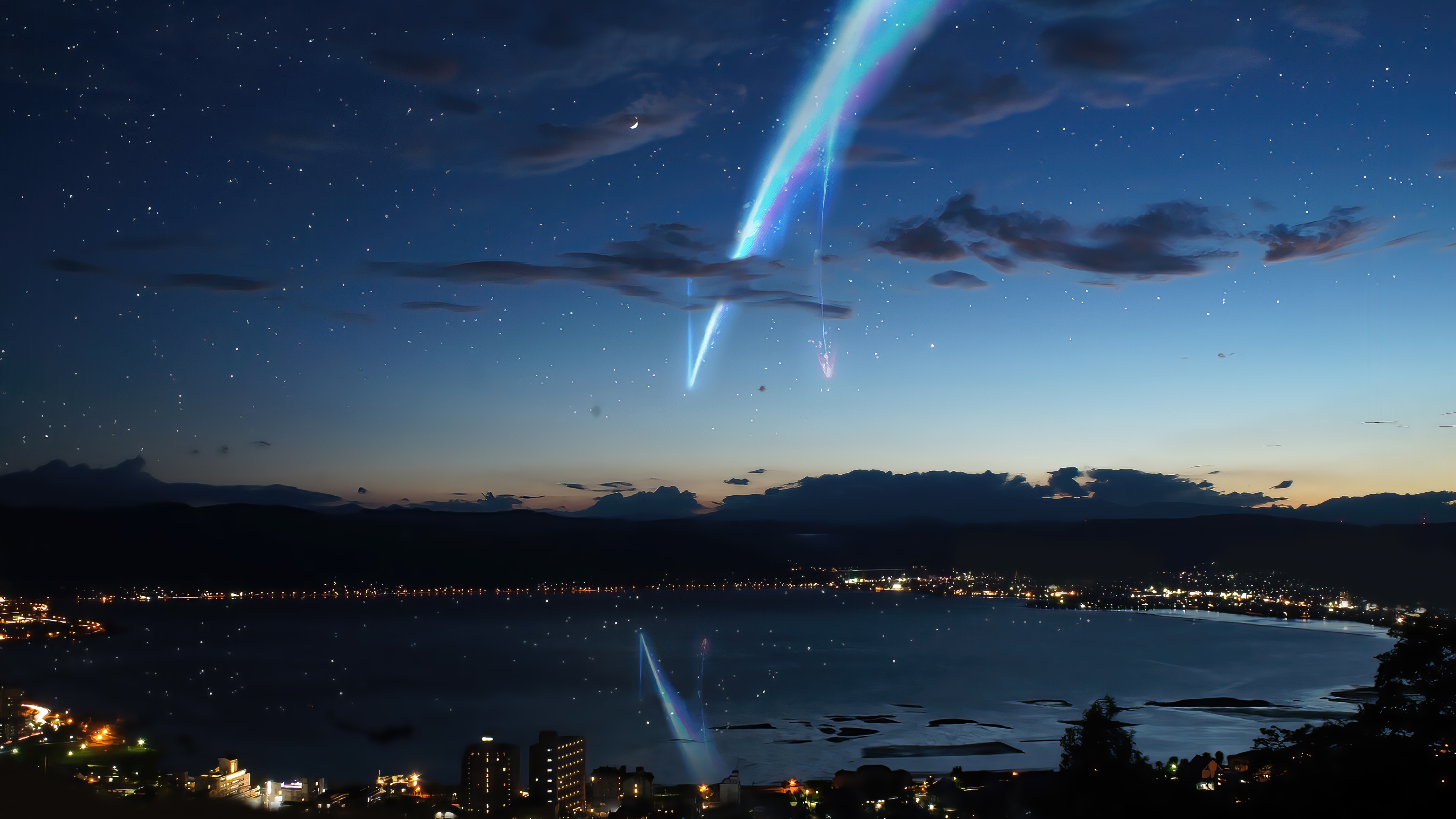 Tachibana Taki and a comet over a city by the lake HD Wallpaper