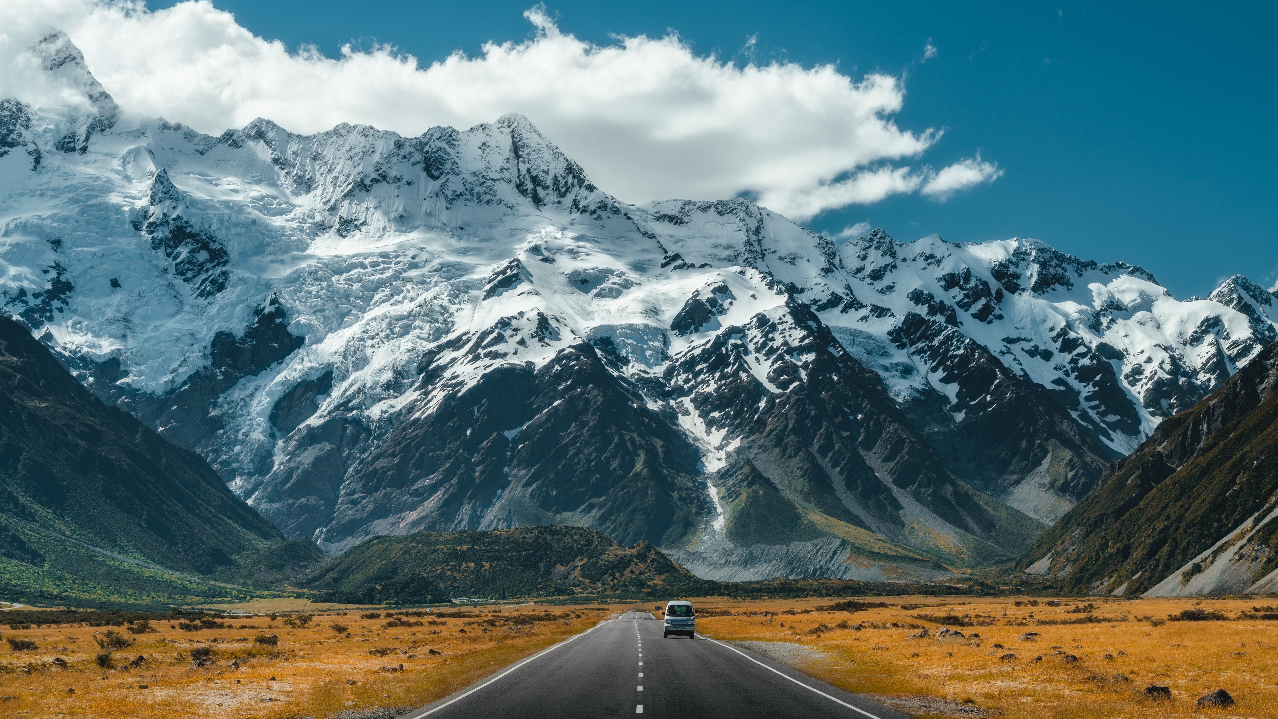 4K snowy mountains and road in New Zealand HD Wallpaper