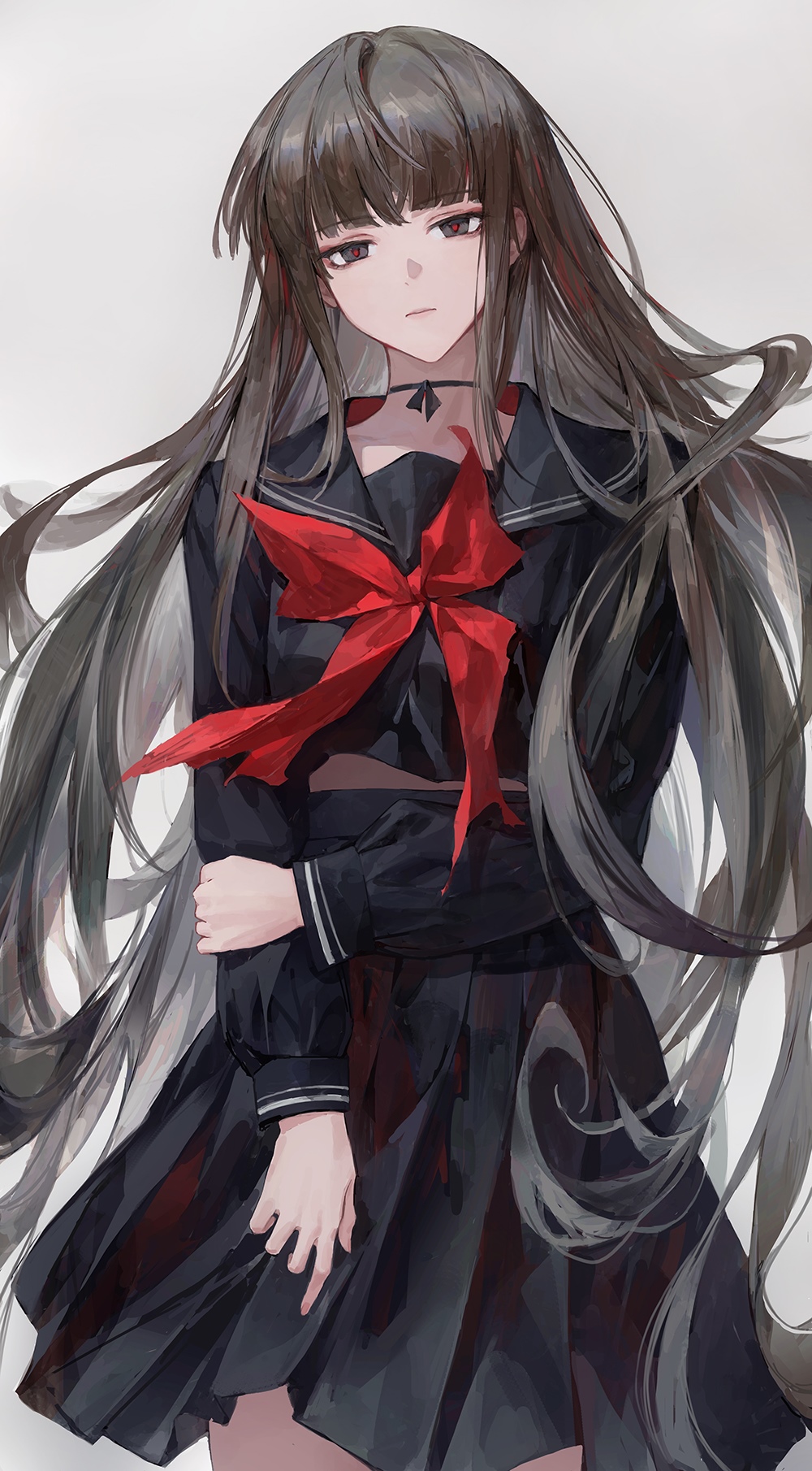 Anime girl with long dark hair and red bow HD Phone Wallpaper
