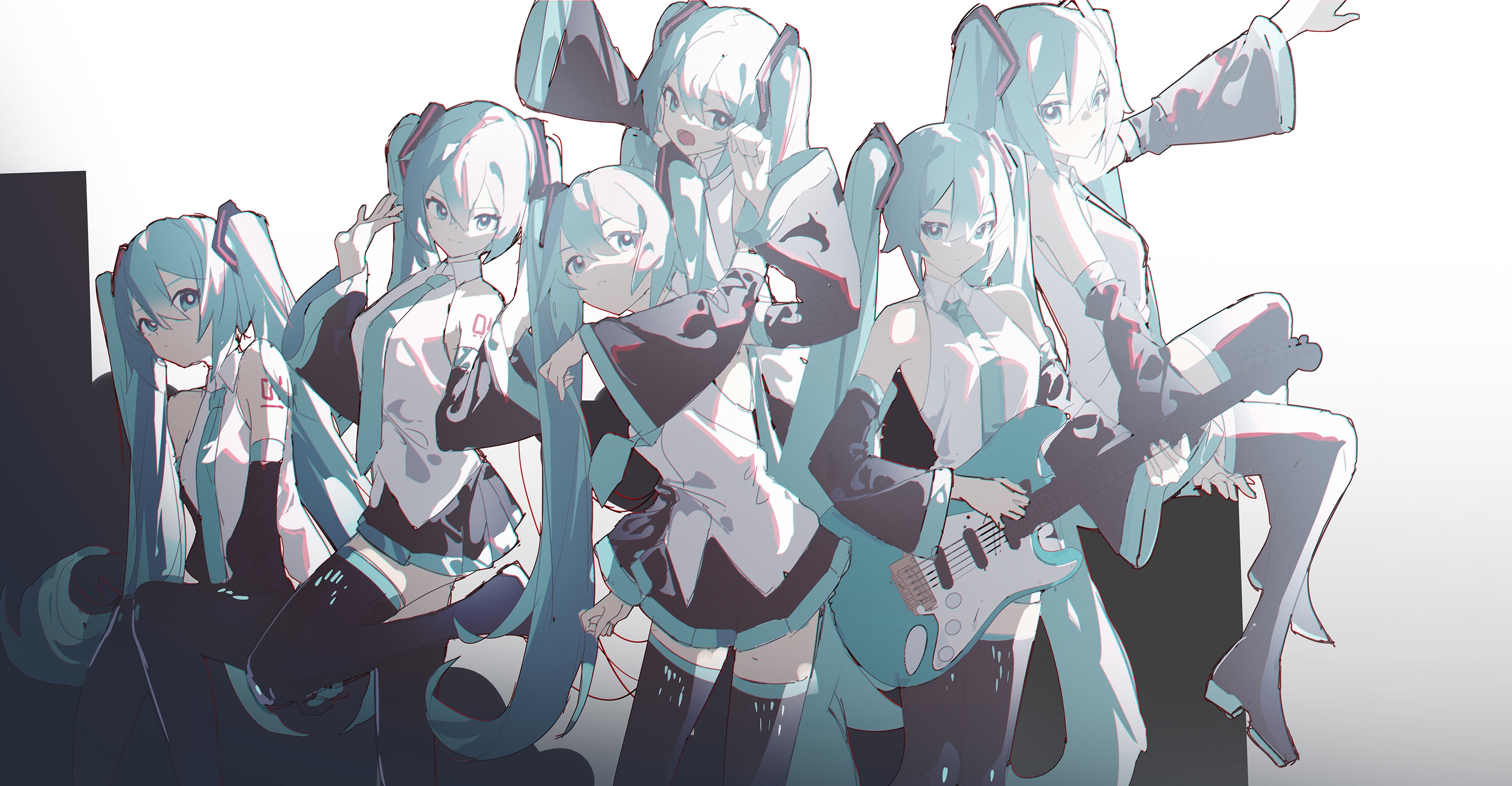 Hatsune Miku and friends with guitars HD Wallpaper