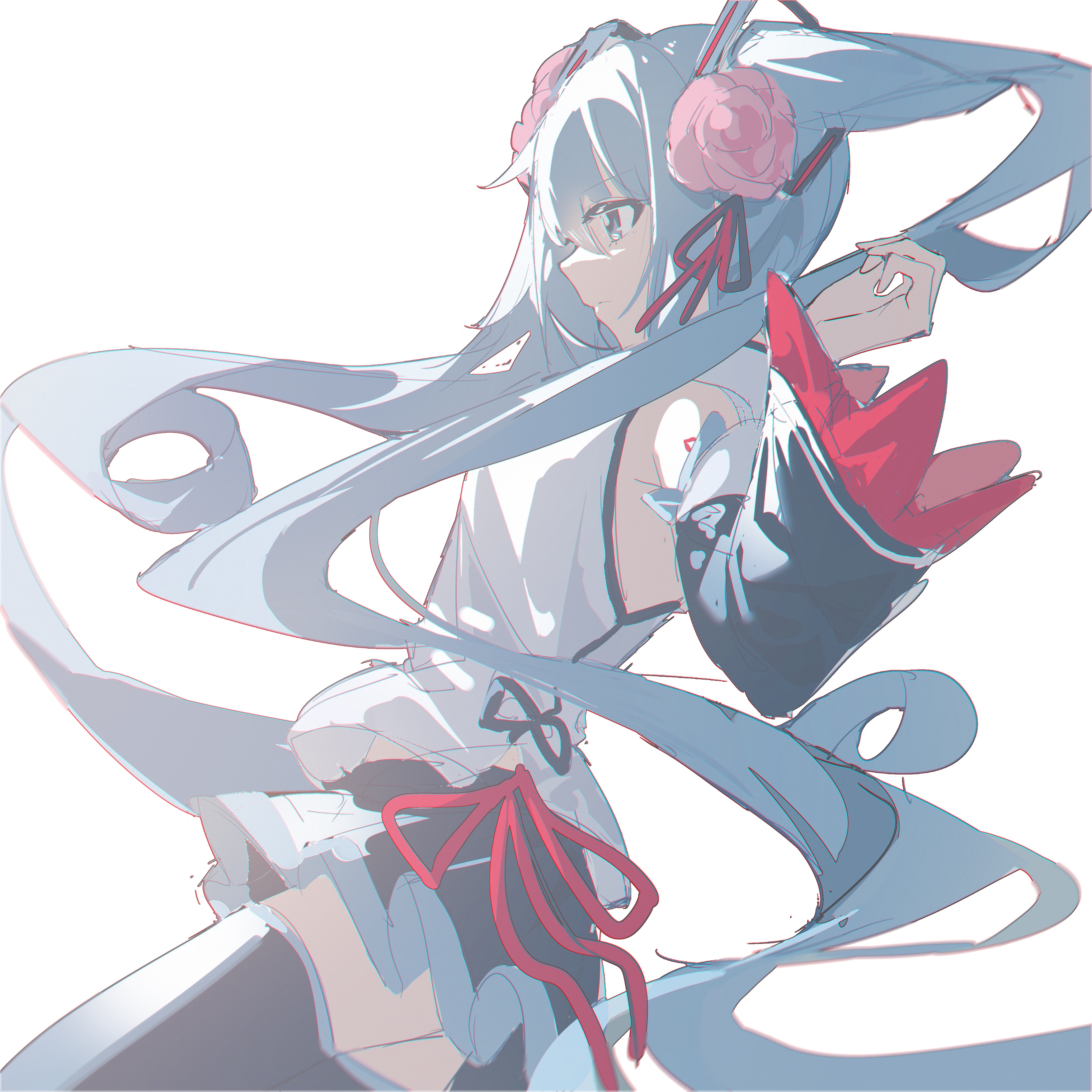 Hatsune Miku with blue twintails and pink flowers HD Wallpaper