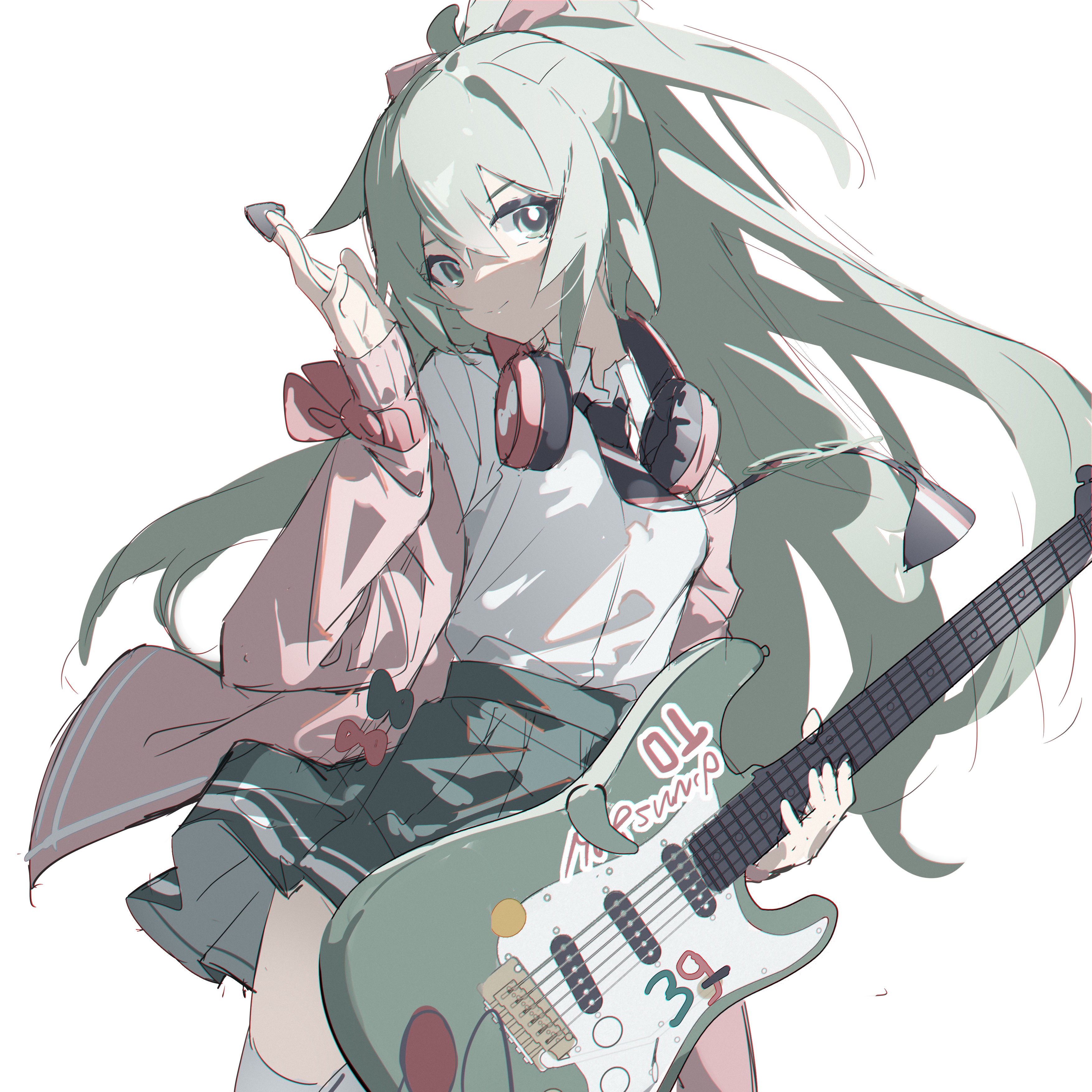 Anime girl with green hair holding a guitar HD Wallpaper