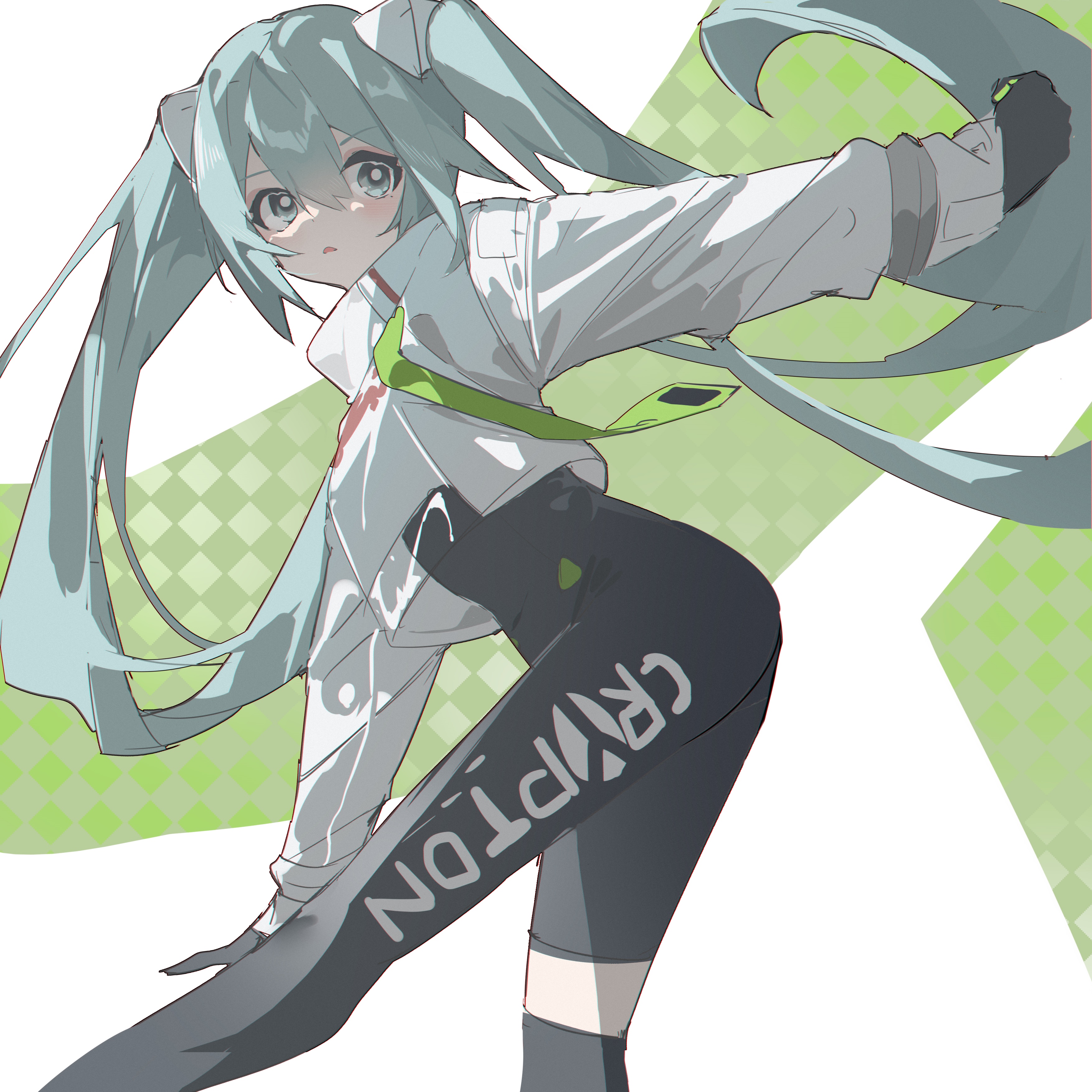 Hatsune Miku in a white jacket and black pants HD Wallpaper