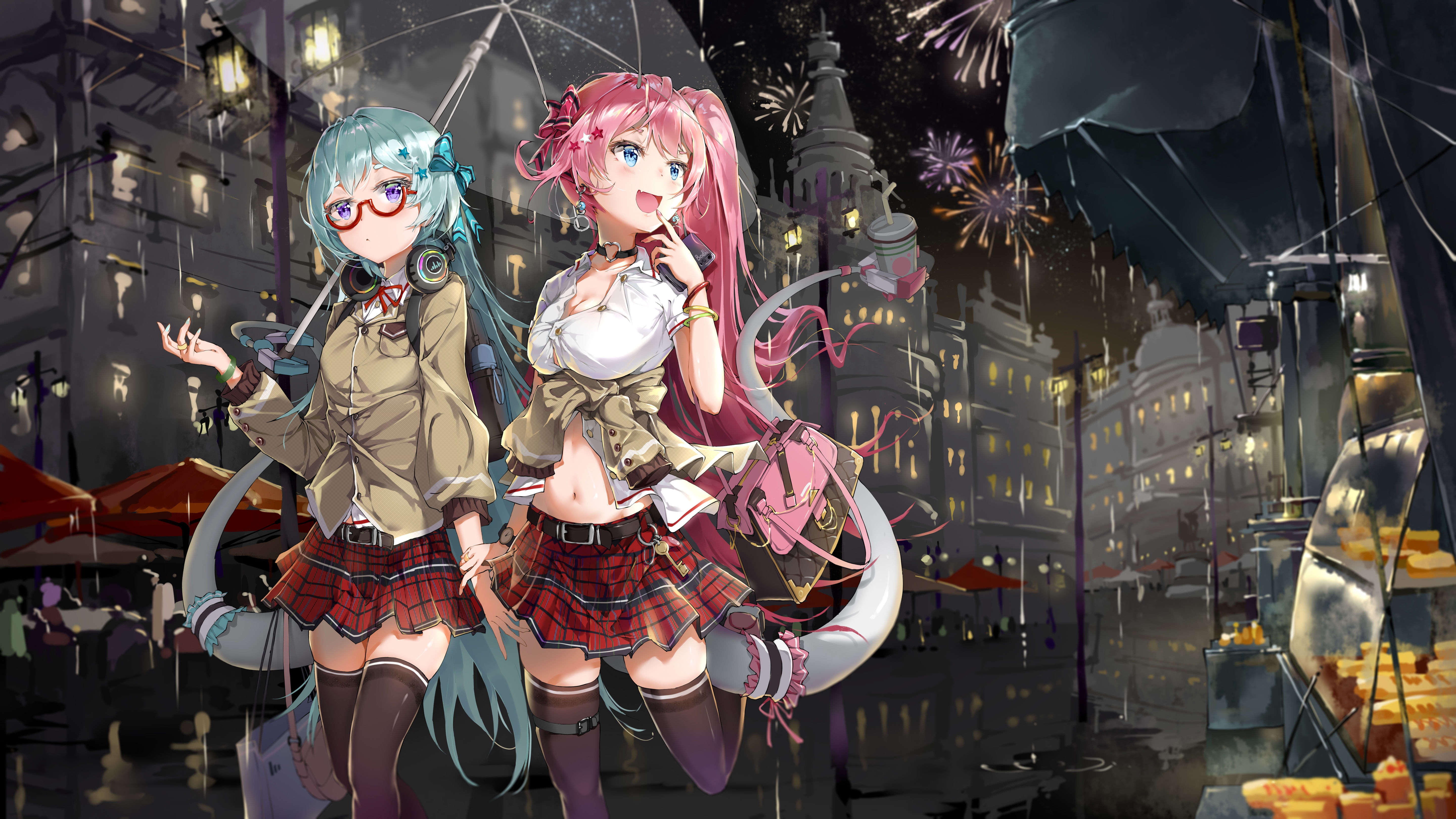 Honkai Impact 3rd Schoolgirls with Umbrella in Rain and Fireworks HD Wallpaper