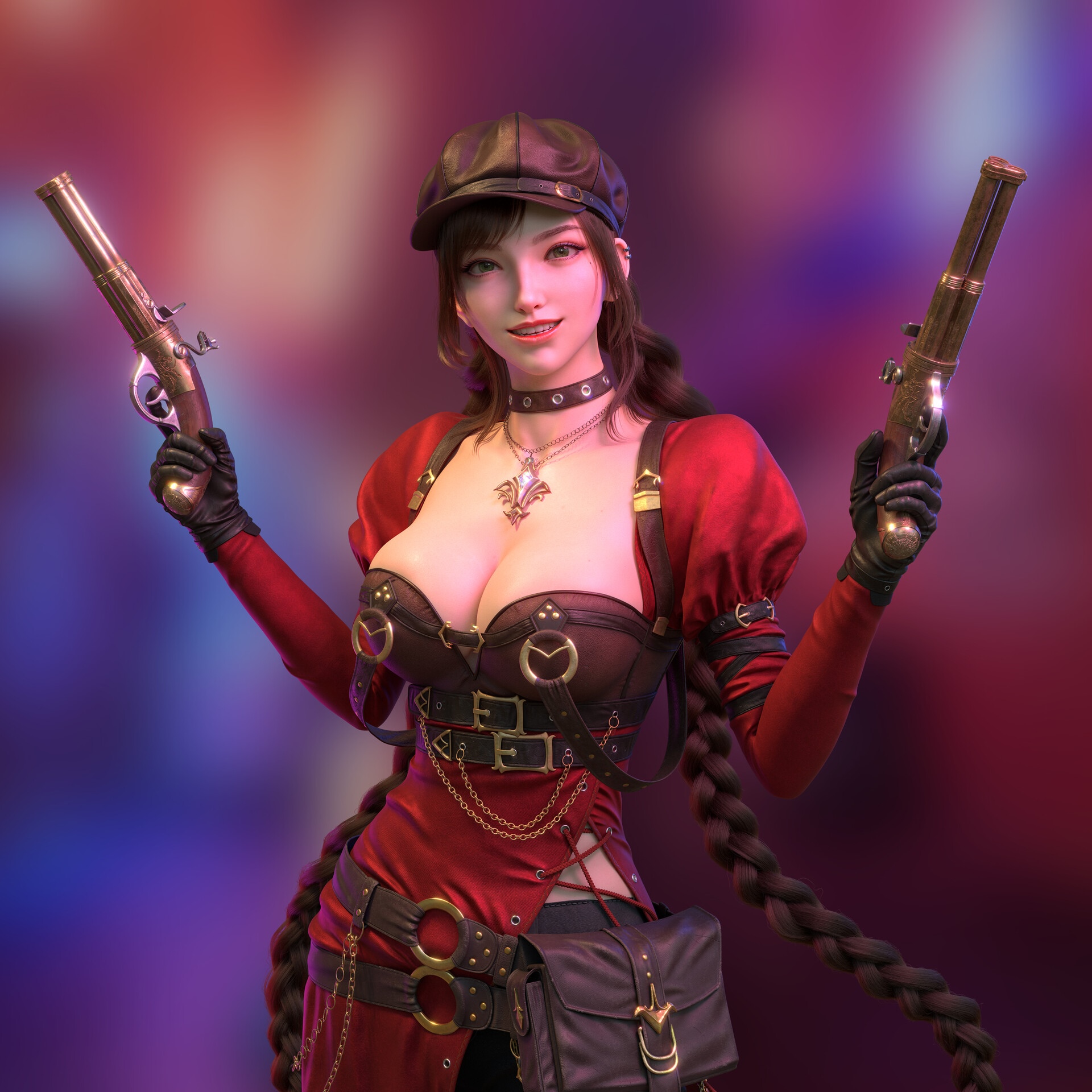 Woman in red with pistols and hat HD Wallpaper