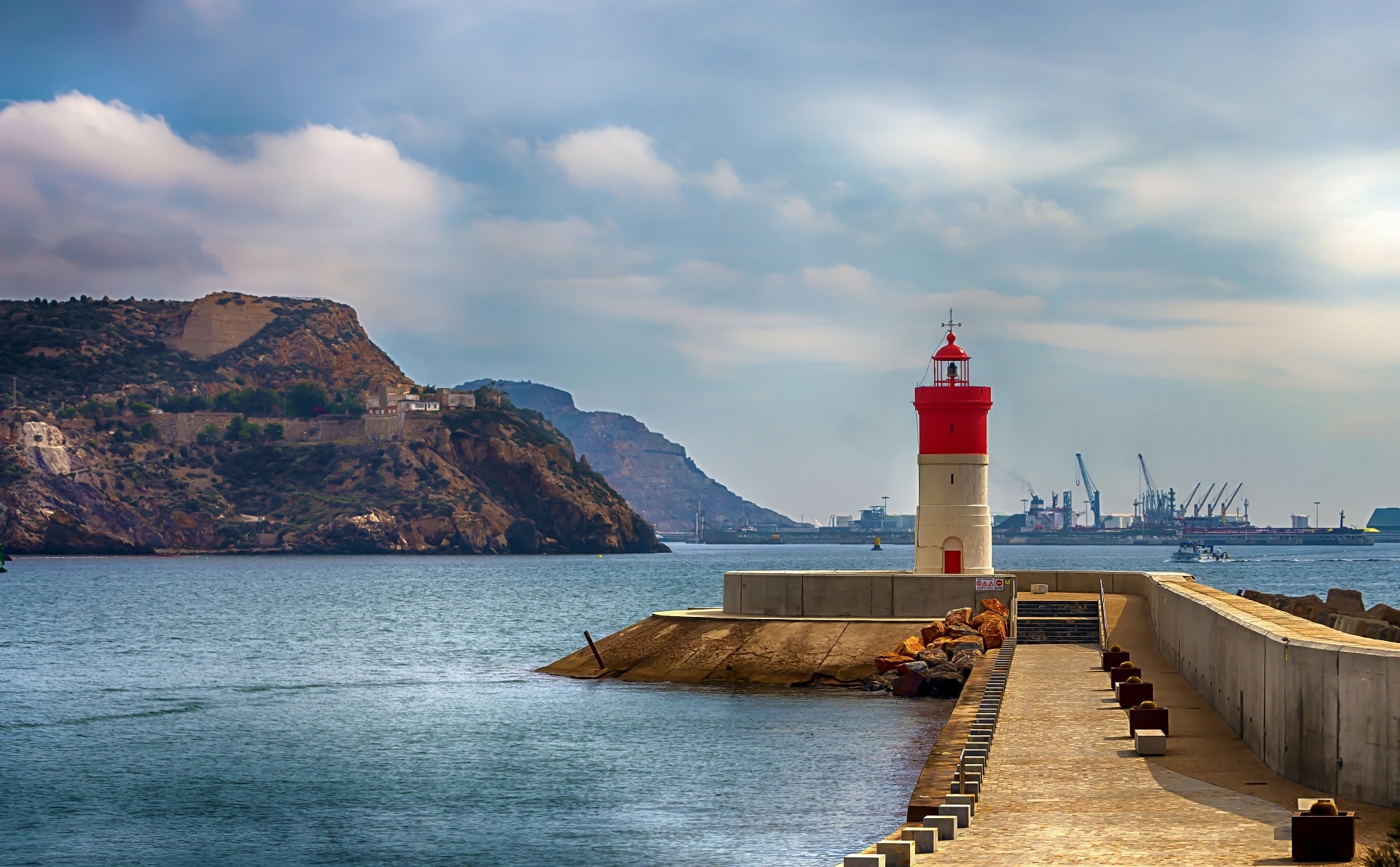 Lighthouse in Cartagena, Spain with a port in the background HD Wallpaper