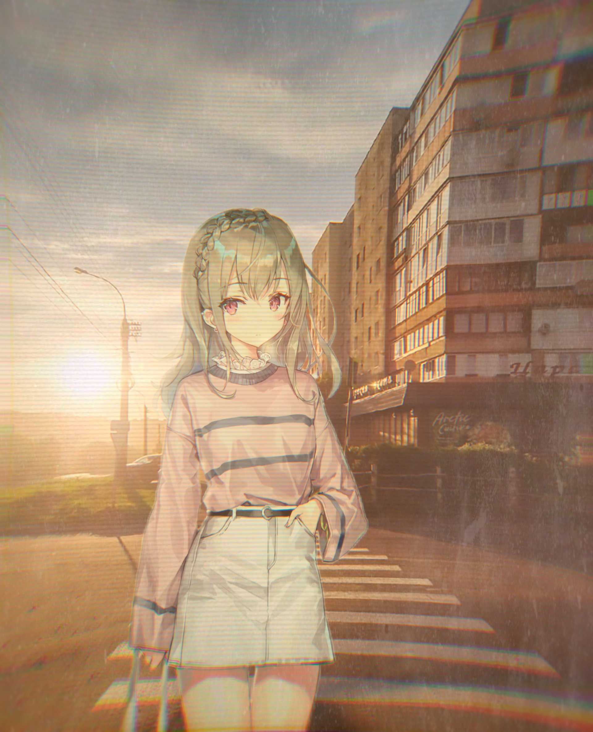 Anime girl with braids walking in the city at sunset HD Phone Wallpaper