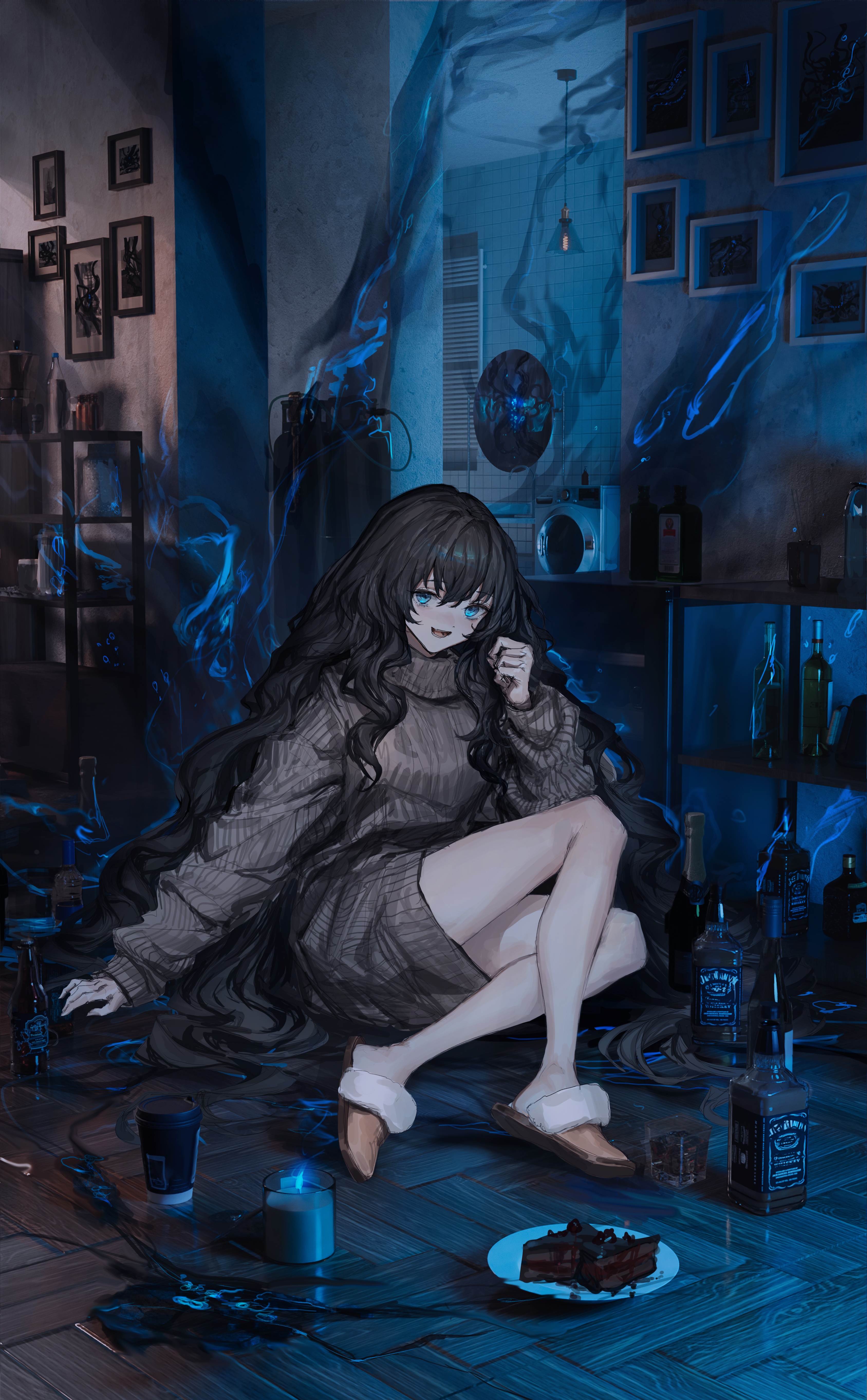 Anime girl in sweater with cake and candles HD Phone Wallpaper