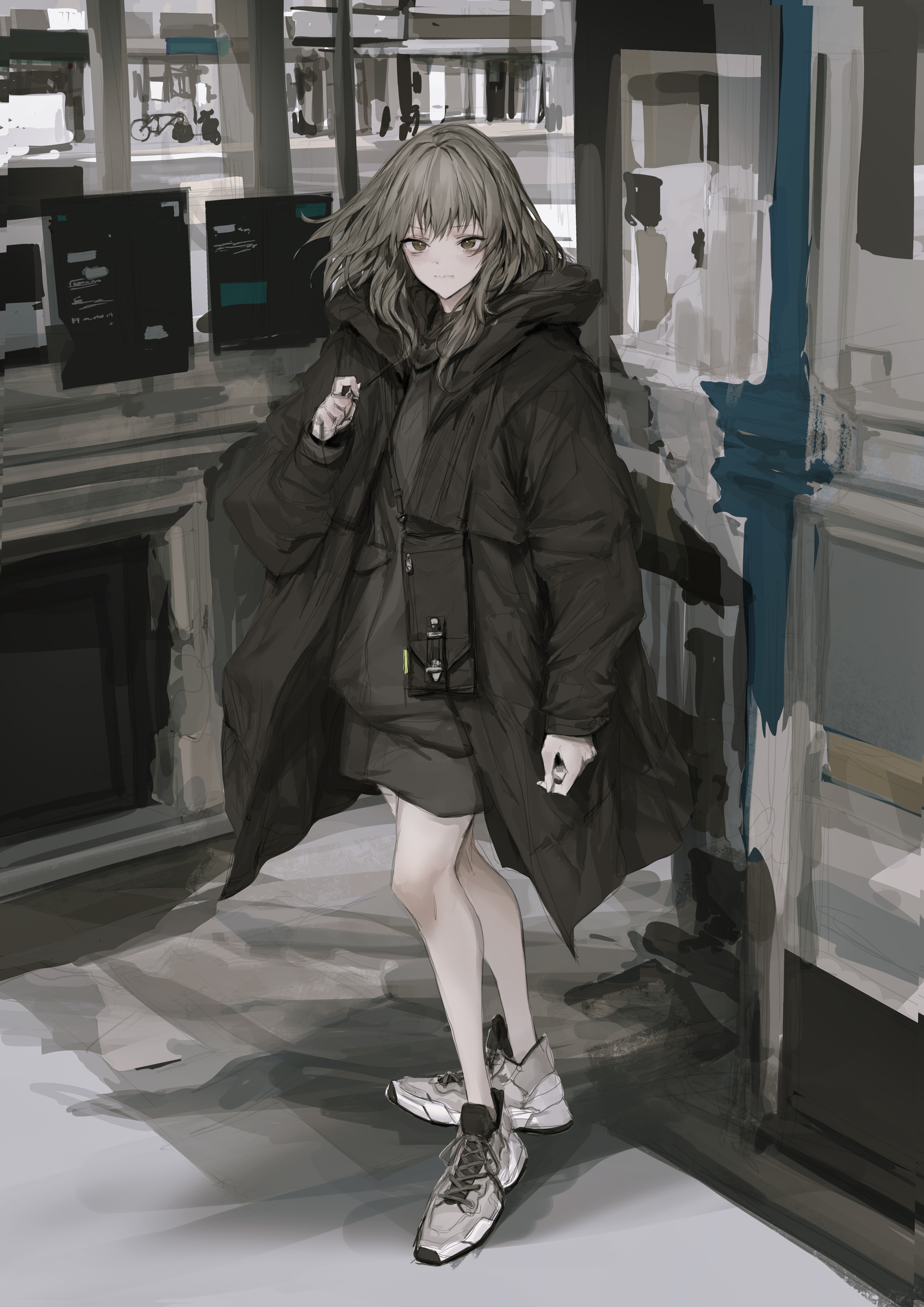 Anime girl in dark coat holding cigarette HD Phone Wallpaper