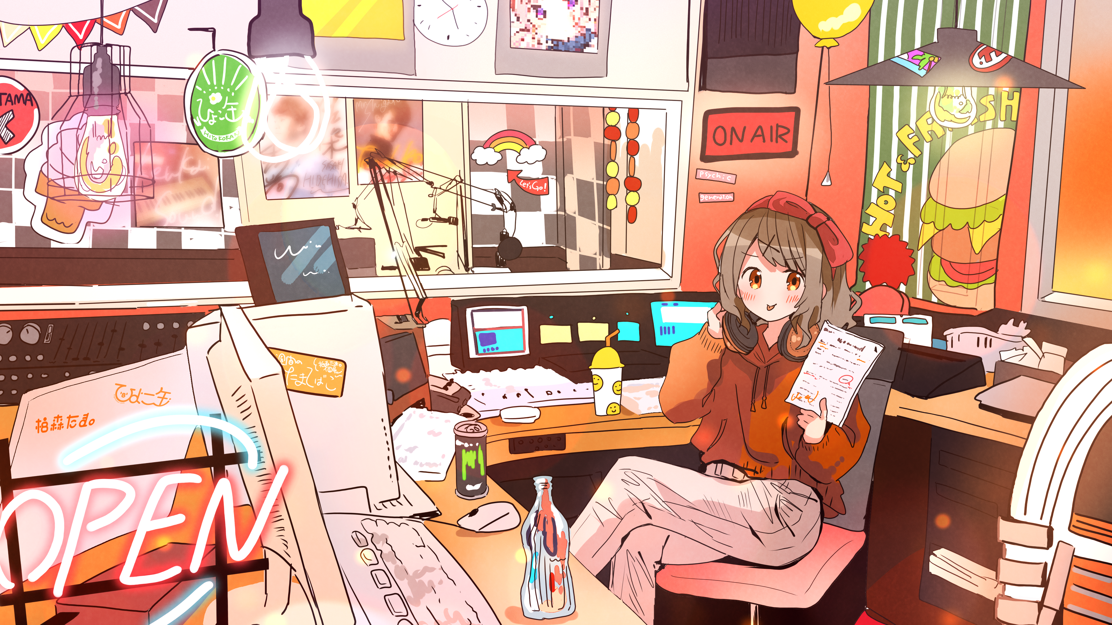 Anime girl in radio studio with Monster Energy HD Wallpaper