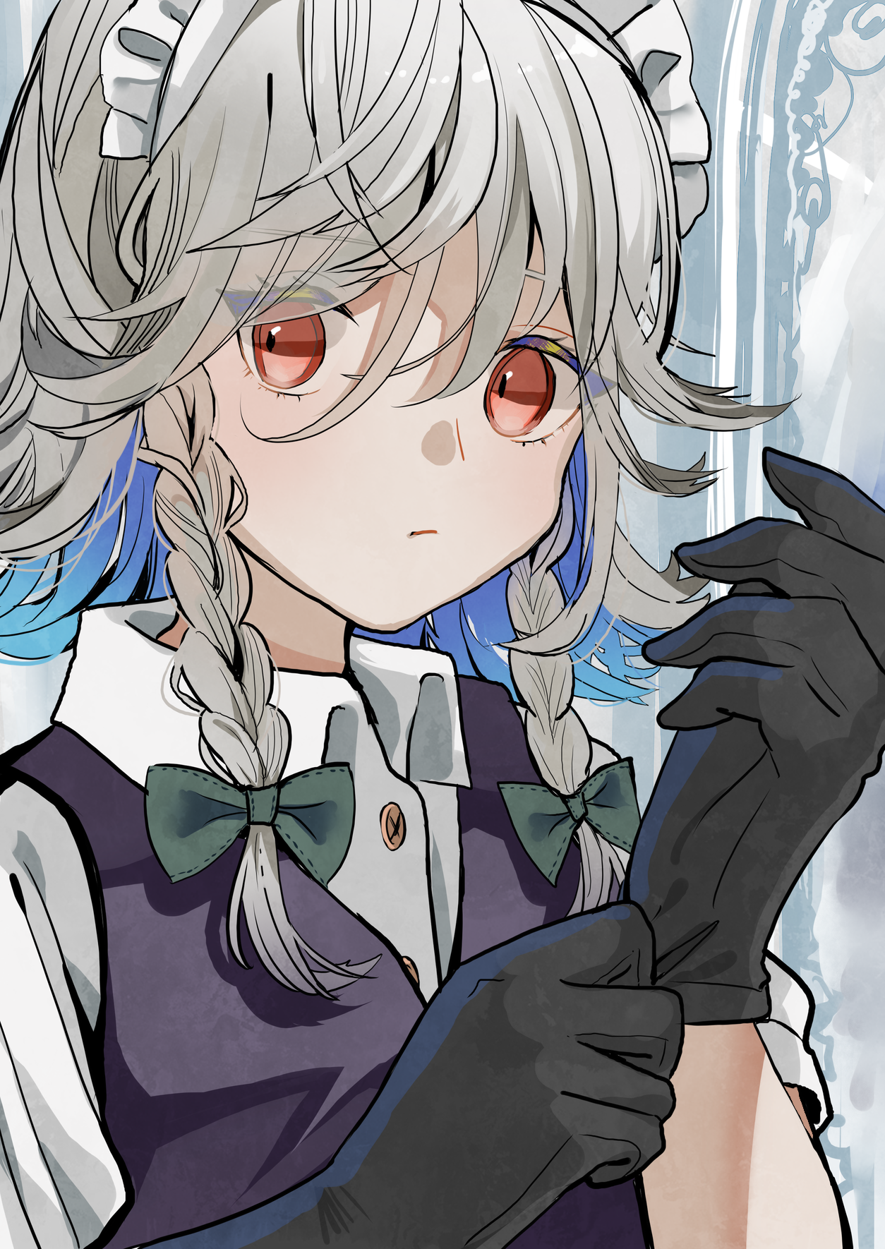 Touhou character with braids and red eyes wearing gloves HD Phone Wallpaper