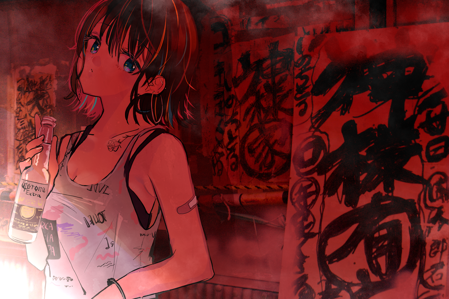 Girl with Corona Extra bottle and Japanese calligraphy HD Wallpaper
