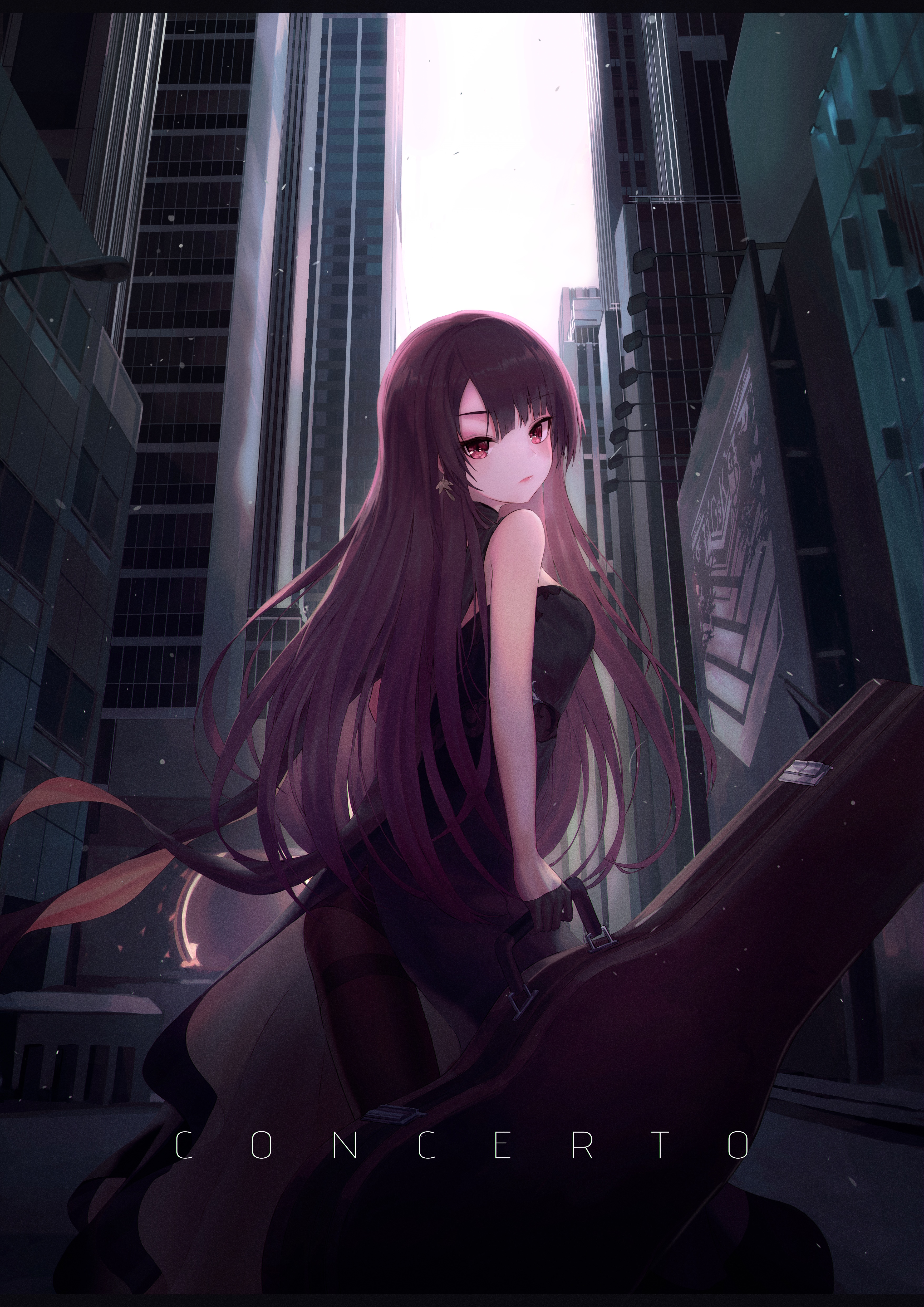 Anime girl with long dark hair holding a guitar case in a city HD Phone Wallpaper