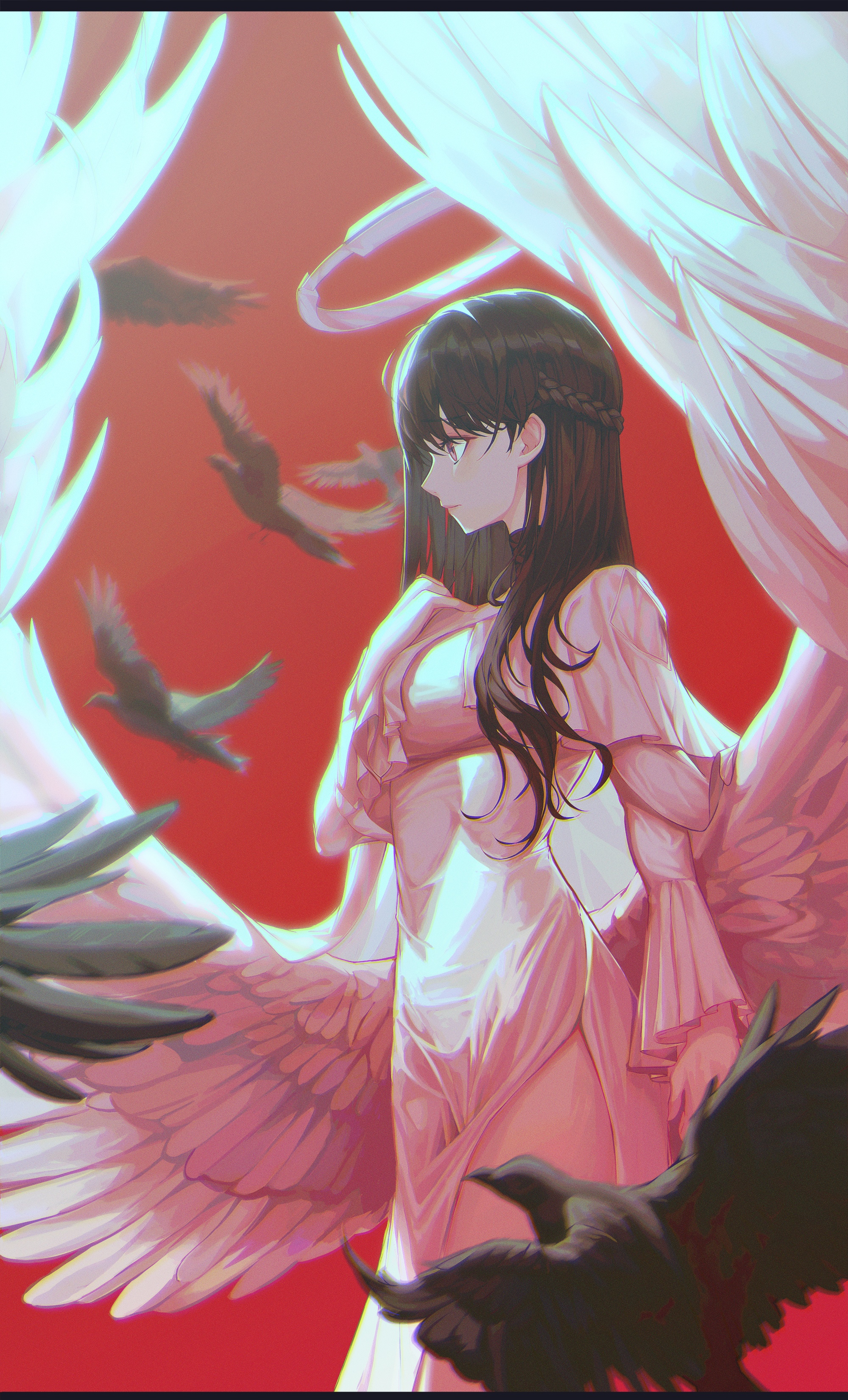 Angel with white wings and birds HD Phone Wallpaper