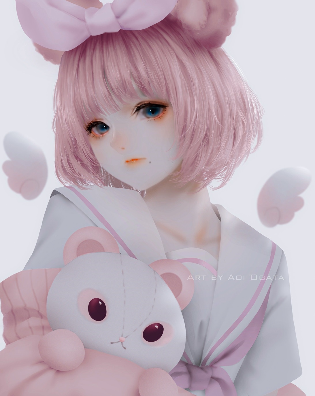 Aoi Ogata's anime girl with pink hair and teddy bear HD Phone Wallpaper