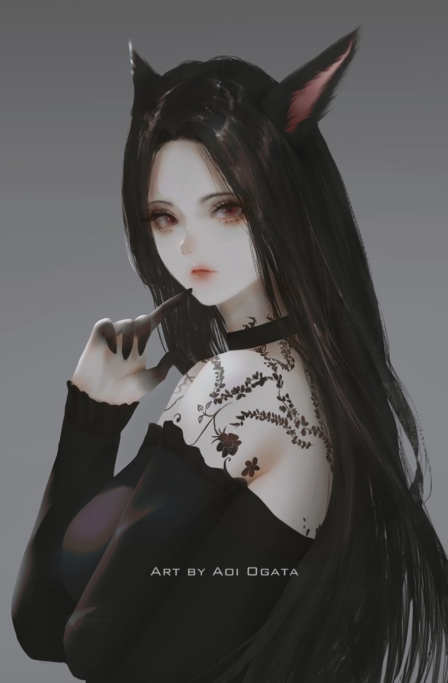 Portrait of a woman with cat ears and tattoos by Aoi Ogata HD Phone Wallpaper