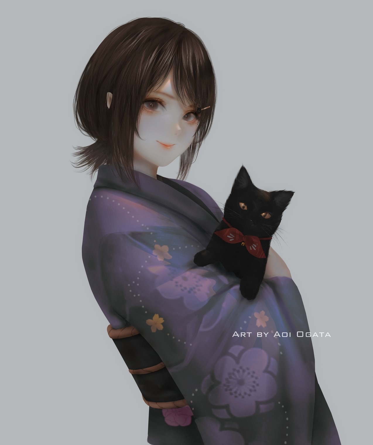 Anime girl in kimono holding a black cat HD Phone Wallpaper