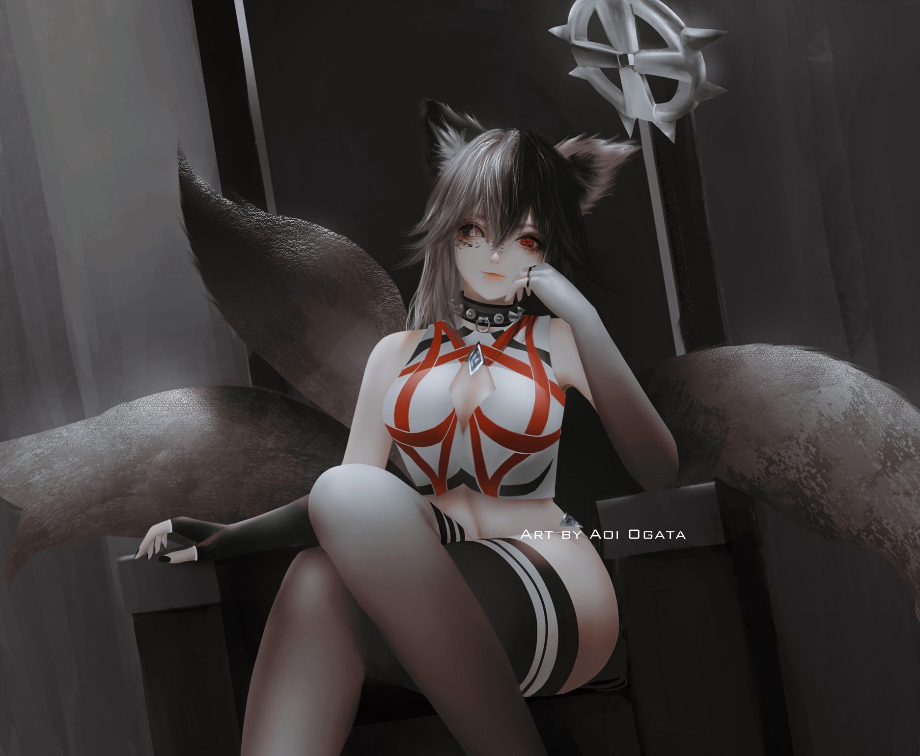 Fox girl with red eyes sitting on a throne HD Wallpaper