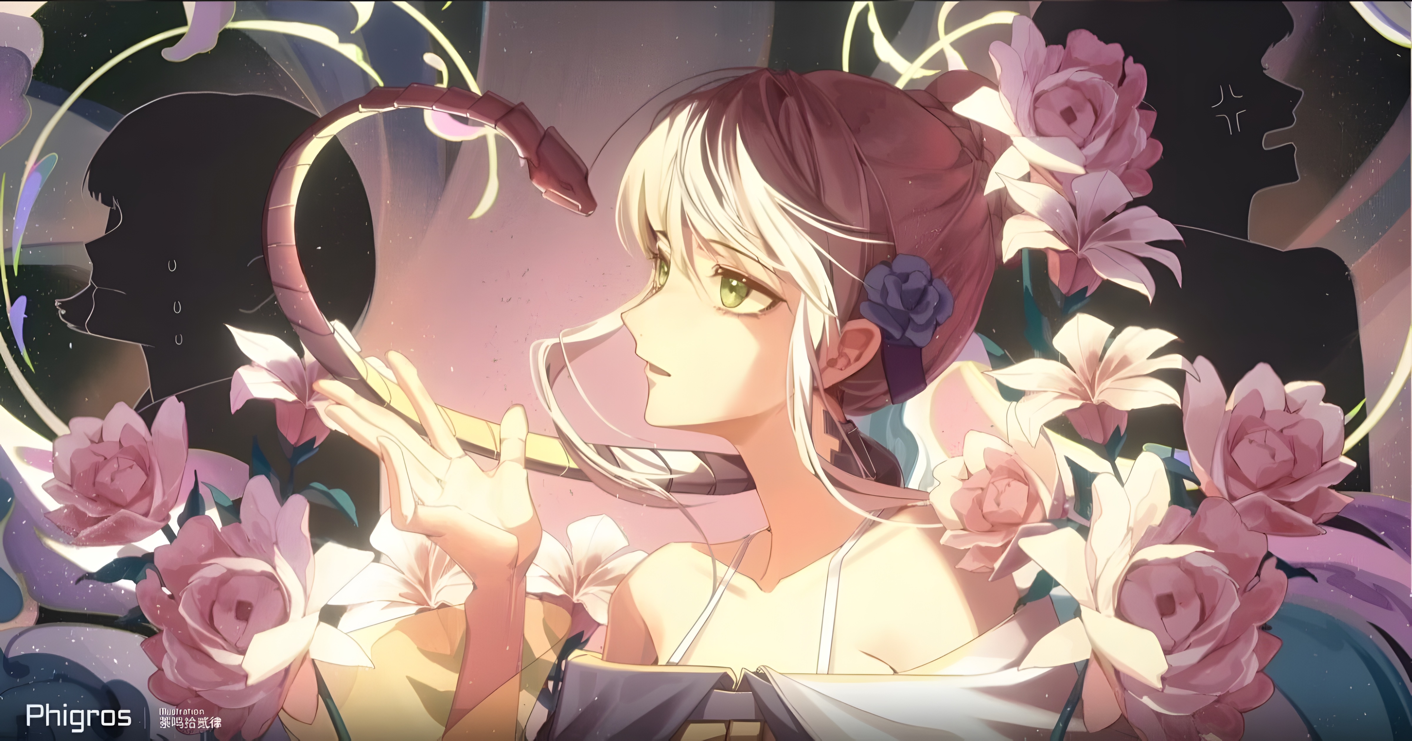 4K Anime Girl with Snake and Flowers HD Wallpaper