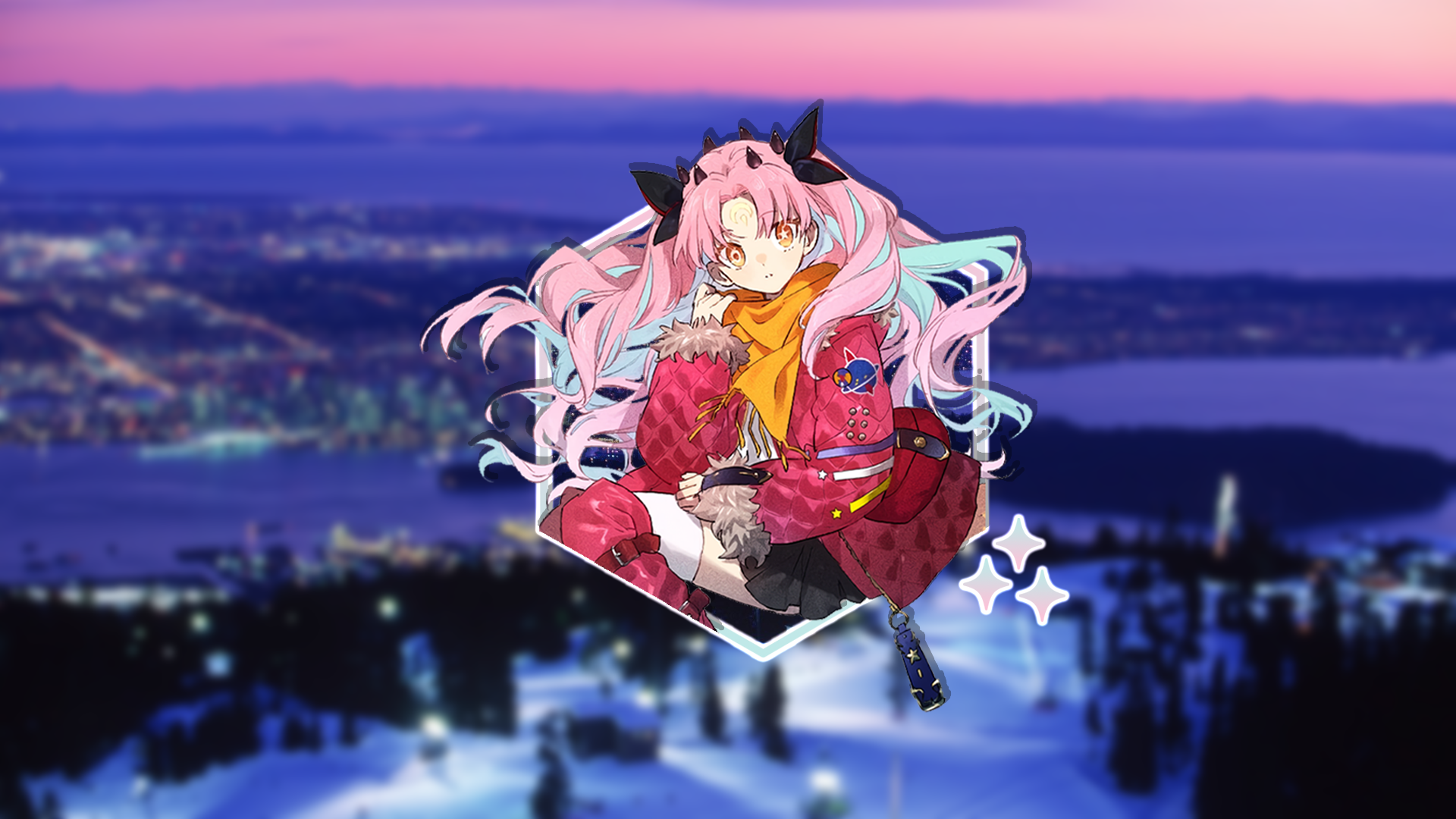 Space Ishtar from Fate/Grand Order with a city background HD Wallpaper