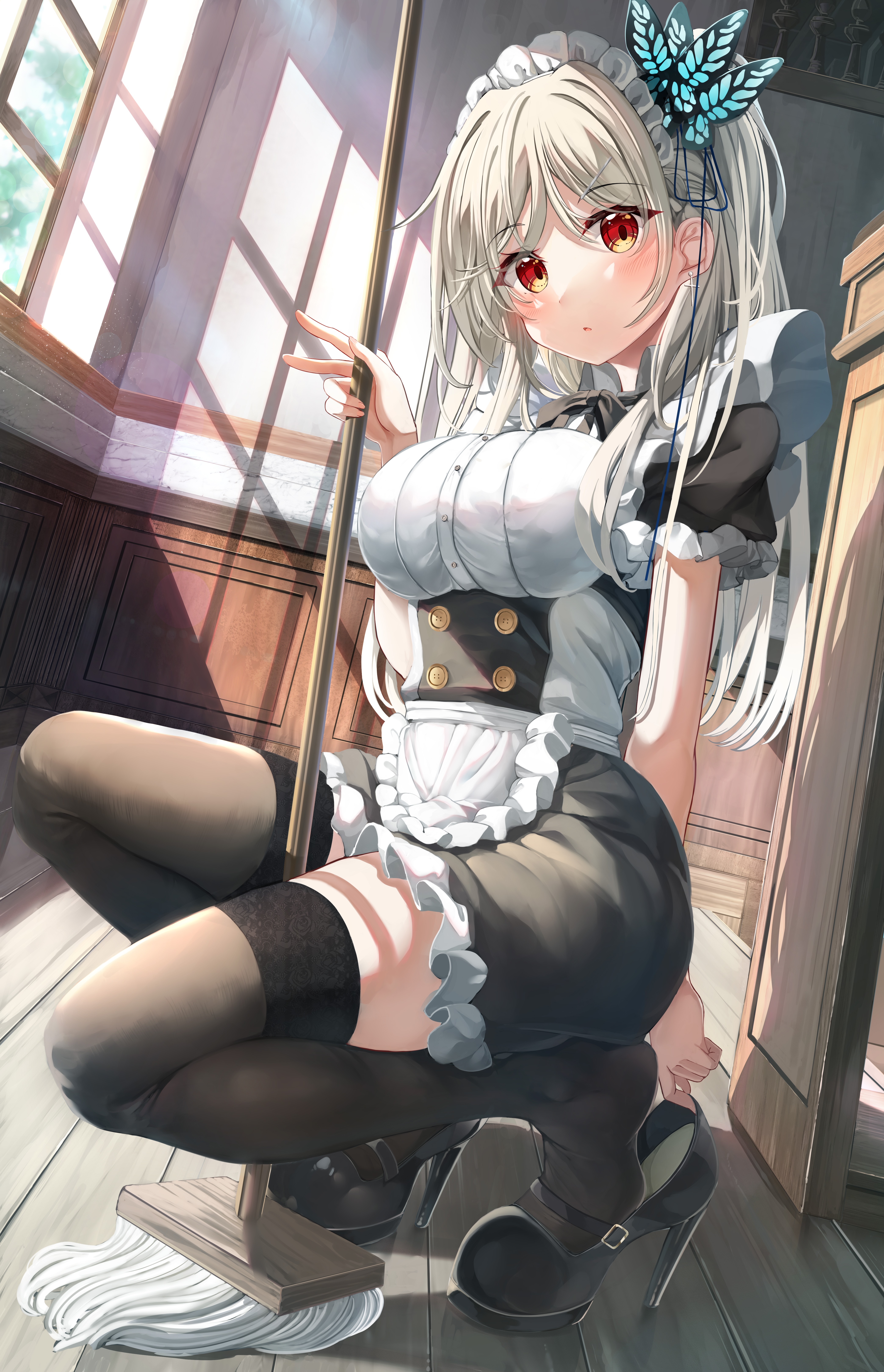 Maid squatting with a mop HD Phone Wallpaper