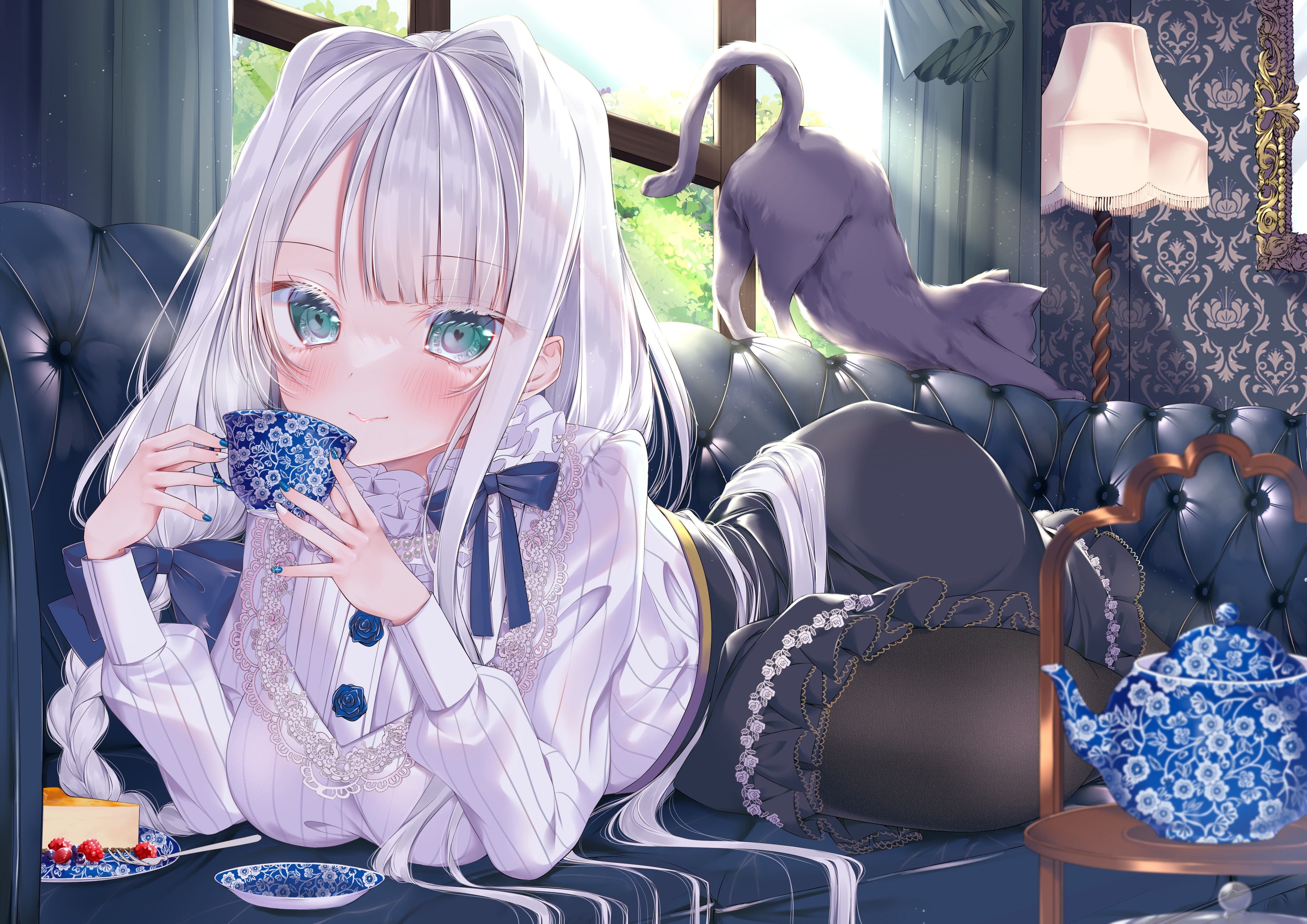 4K Anime Girl Drinking Tea with Cat on Couch HD Wallpaper