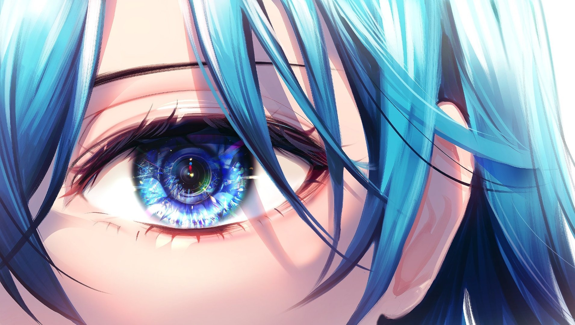 Close-up of anime girl's blue eye and blue hair HD Wallpaper