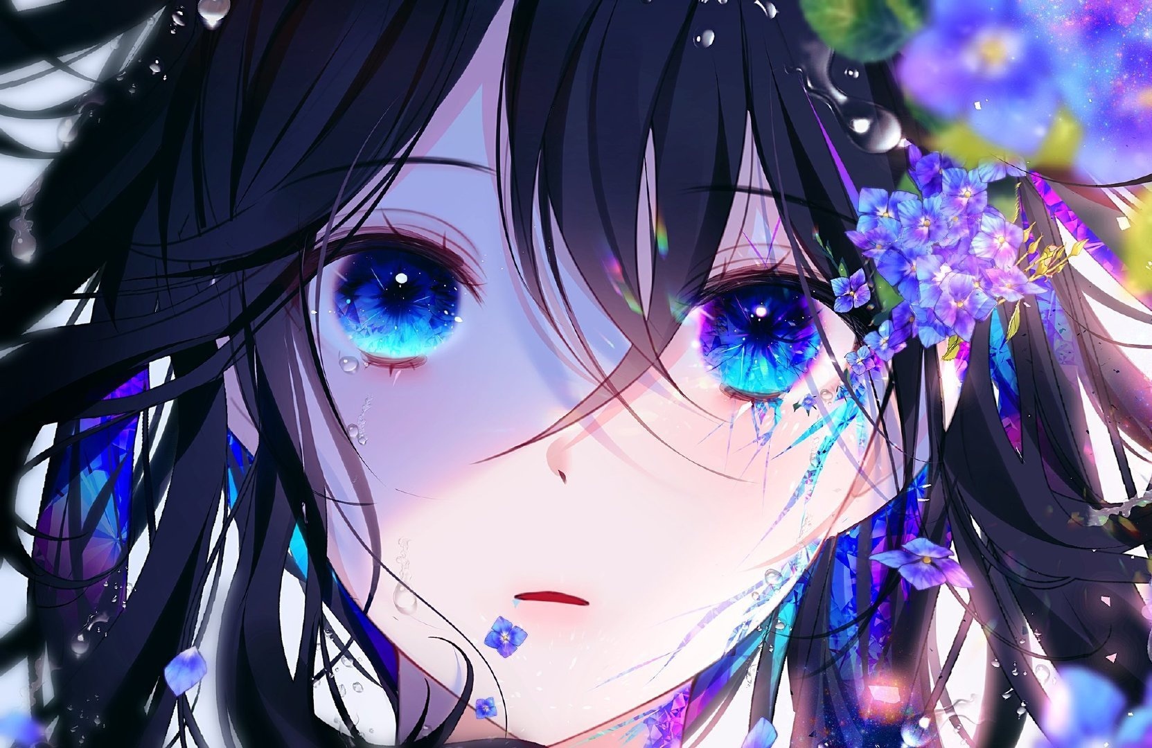 Anime girl with blue eyes and purple flowers HD Wallpaper