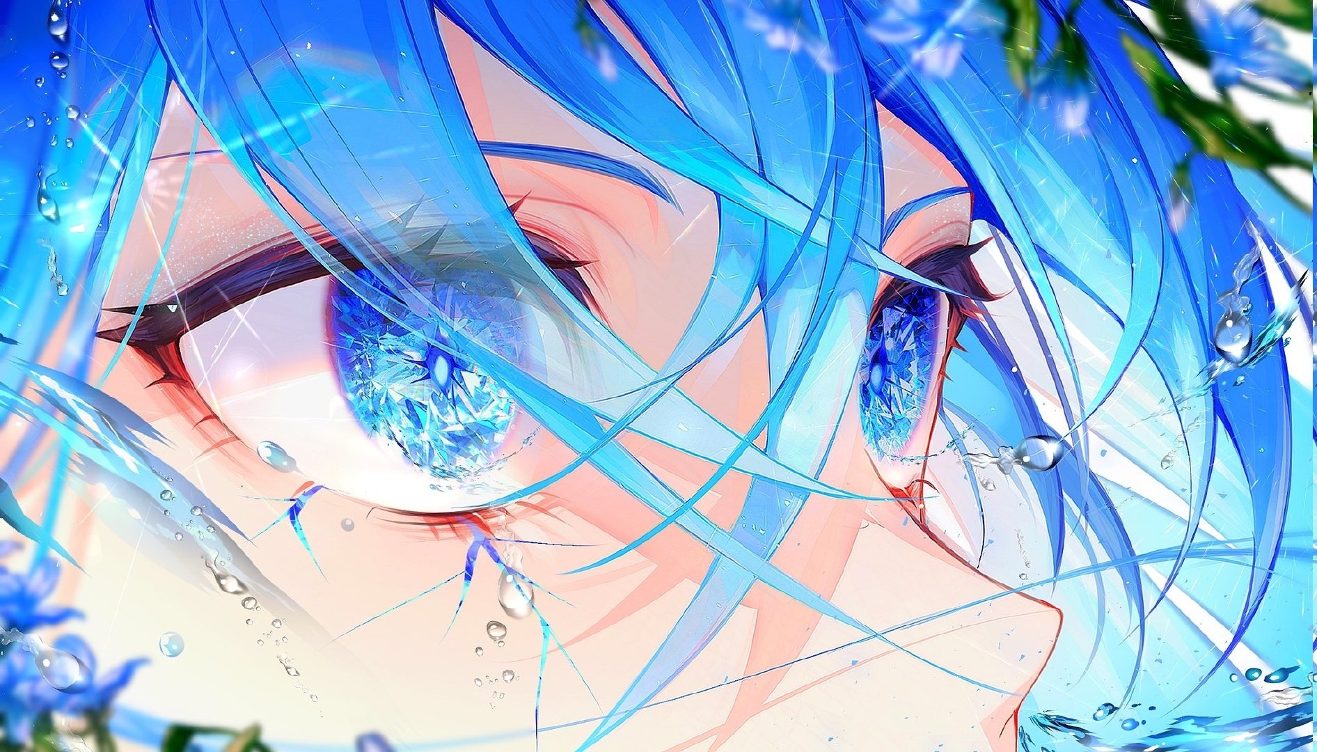 Close-up of anime girl with blue hair and diamond eyes HD Wallpaper