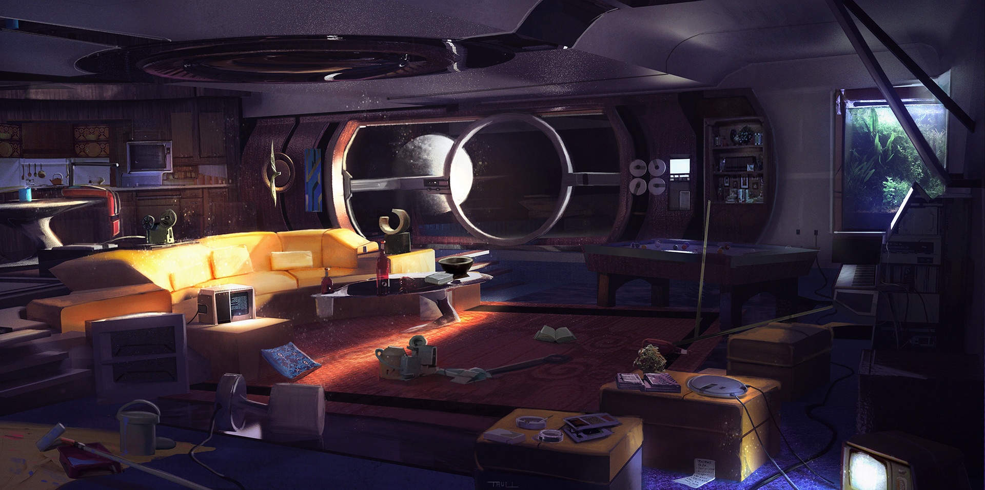 Futuristic living room with a view of the Moon HD Wallpaper