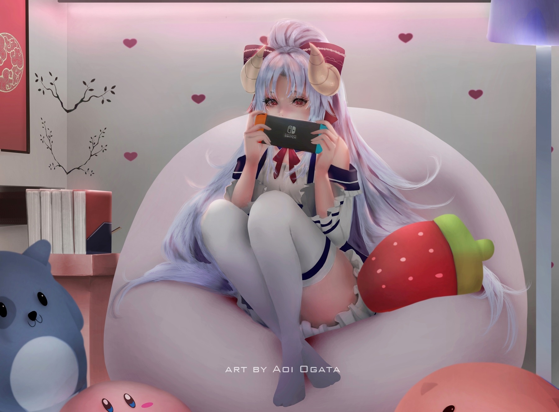 Anime girl with horns playing Nintendo Switch HD Wallpaper