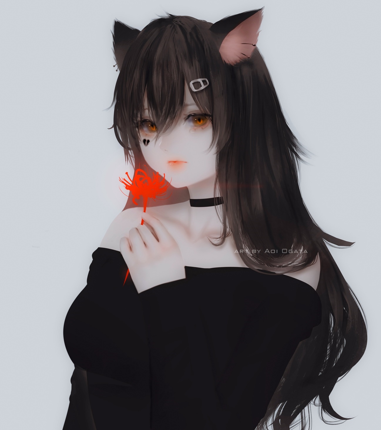 Anime girl with cat ears holding a red flower HD Phone Wallpaper
